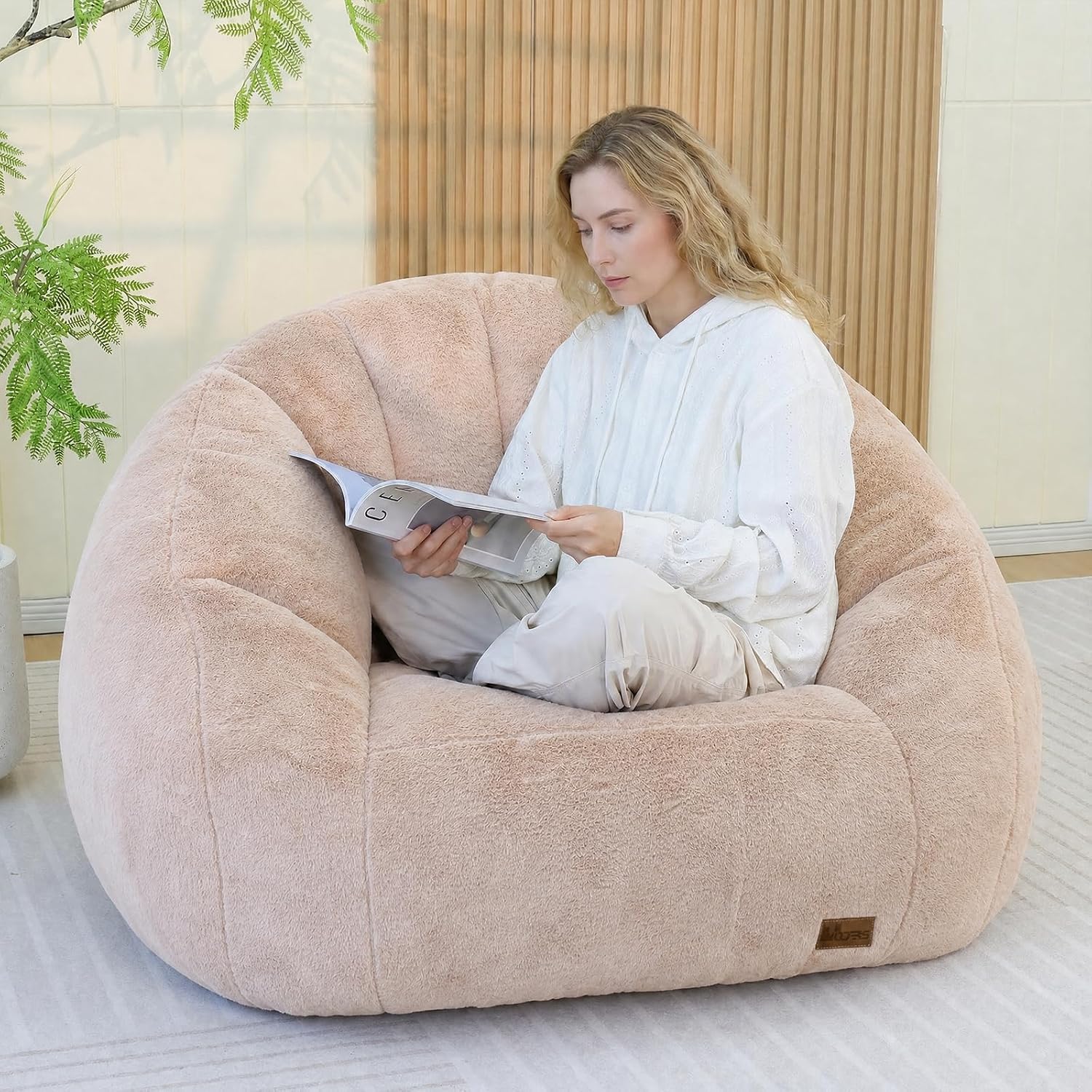 Giant Bean Bag Chair for Adults, Teens and Kids, Cozy Fluffy Corduroy Beanbag Chair with Filler, Large Floor Lounge Sofa for Living Room, Bedroom, Dorm, Gaming and Reading(L-Khaki)