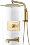 SOOOHOT Brushed Gold Shower Fixtures, Gold Shower Faucet Set with 12 Inch Gold Shower Heads with Handheld Spray Combo and Tub Spout, Shower Systems with Rain Shower and Handheld (Valve Included)