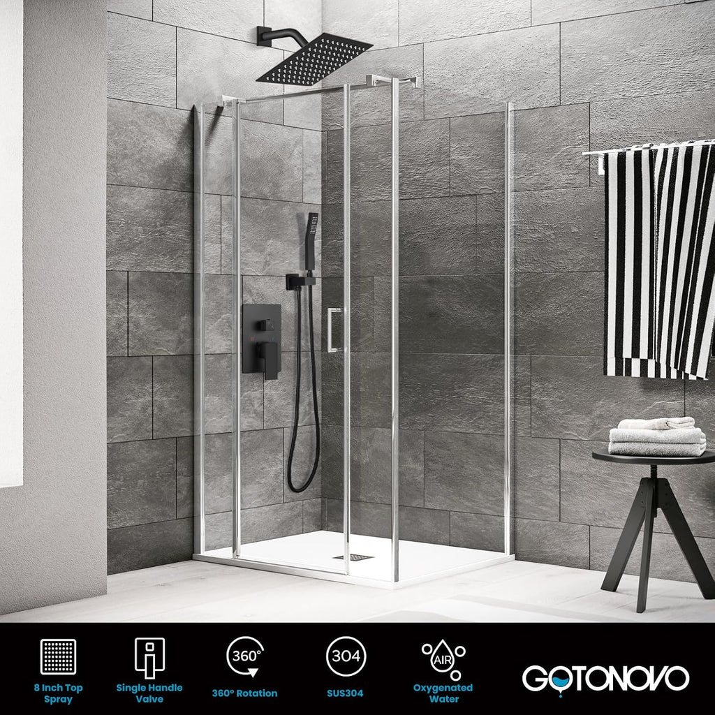 gotonovo Rainfall Bathroom Shower System Rain Shower Head and Handle Set Wall Mounted Shower Complete Combo Solid Brass Pressure Balancing Shower Mixer Valve 8 Inch Matte Black