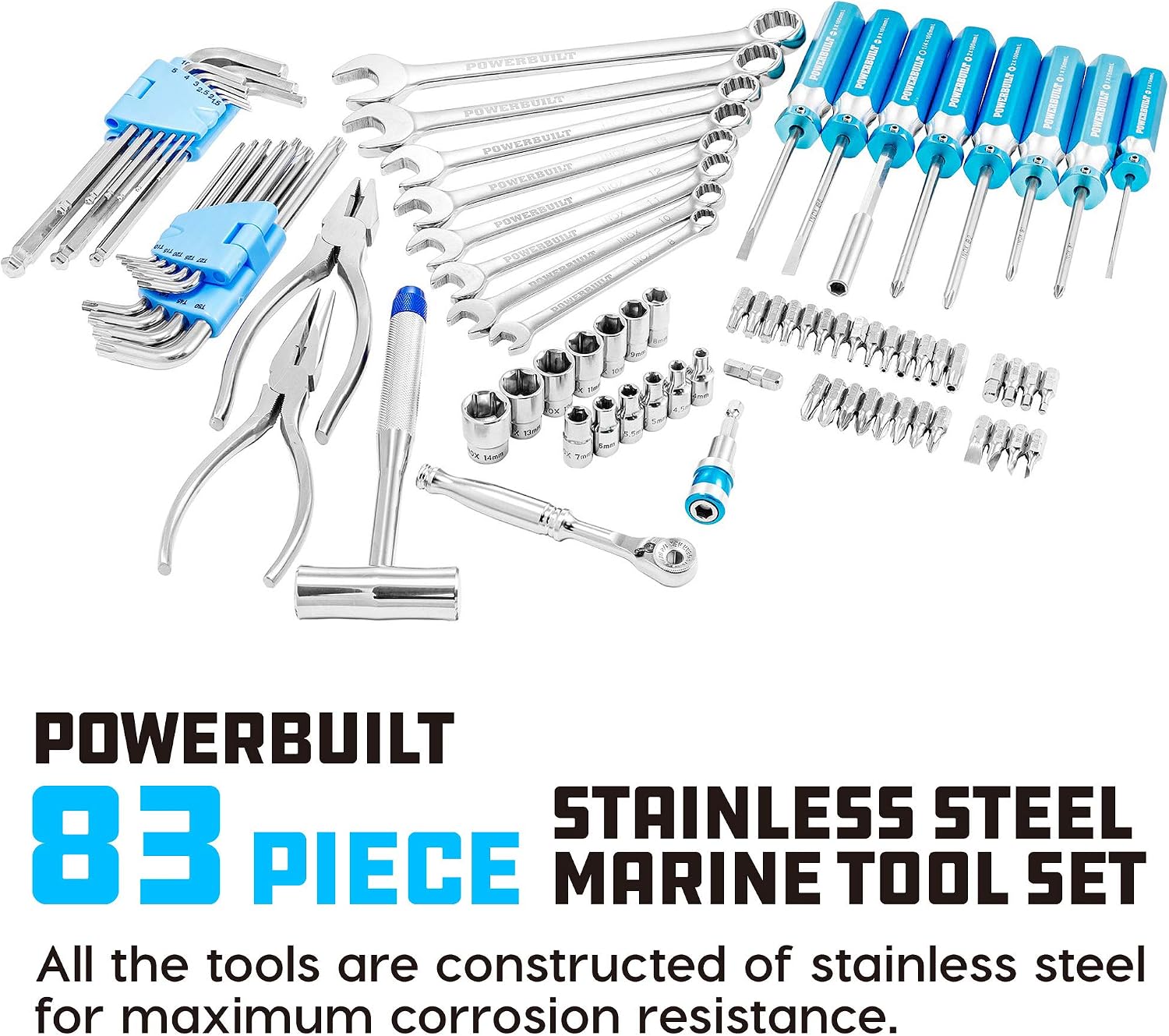 Powerbuilt 83 Pc. 420J2 Stainless Steel Marine Boat Repair Tool Set, Drivers, Pliers, Wrenches, Mallet, Bit Driver/Bits, Sockets, Watertight Shock Resistant Case with Lift-Out Foam Tool Trays - 642411