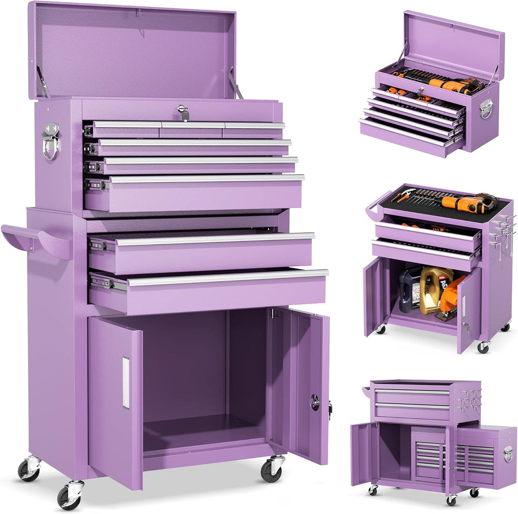 INTERGREAT 8 Drawers Tool Chest, 42'' Large Rolling Tool Chest with Drawers, Detachable Top Tool Box, Tool Cabinet for Repair Room,Warehouse, Rolling Tool Box with Hooks,Tray Divider,Liners(Purple)