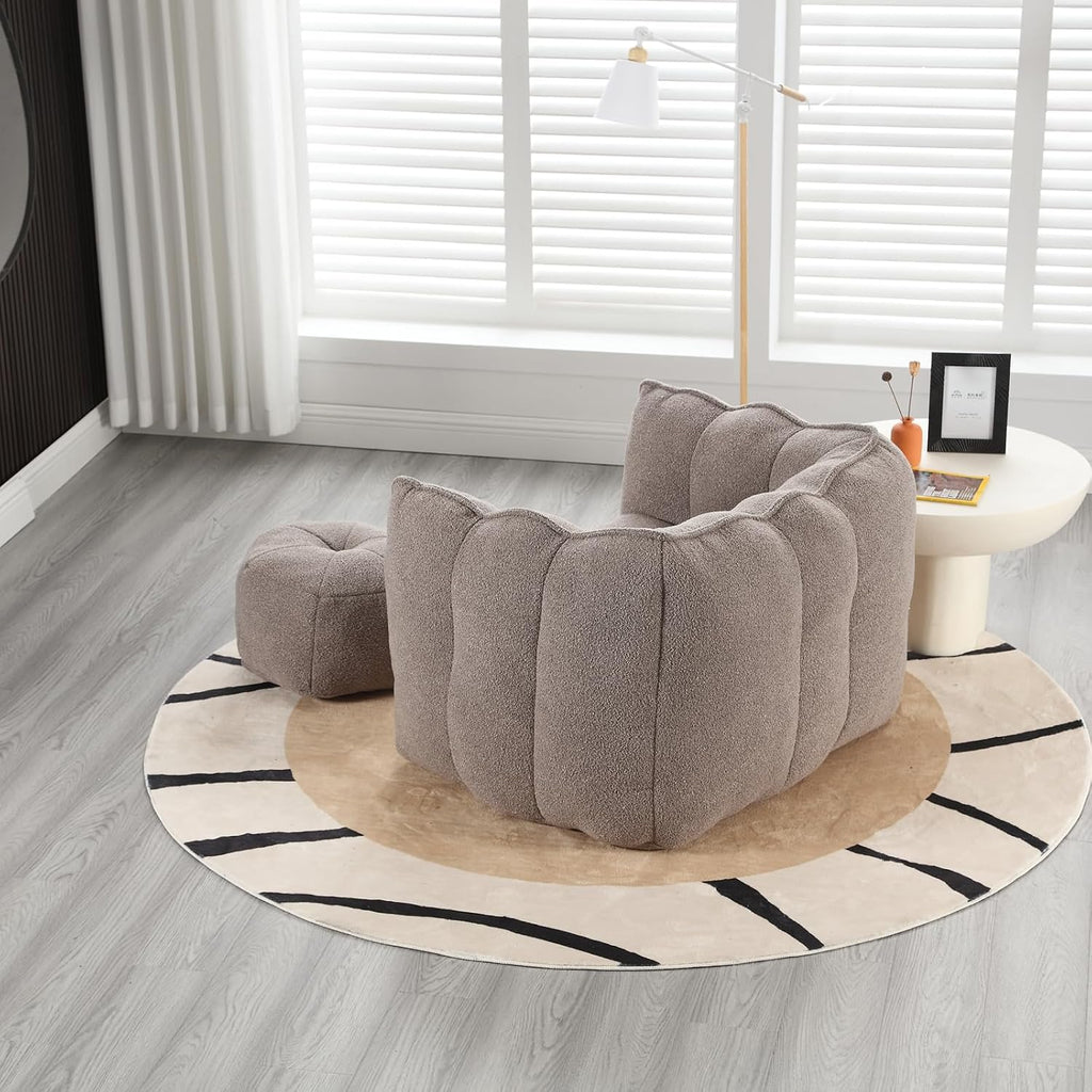 Giant Bean Bag Chair with Ottoman, Oversized Beanbag Chair for Adults, Comfy Floor Sofa Chair with Foam Filler, Pumpkin Lazy Lounger for Living Room, Game Room, Reading Corner, Chenille Taupe Brown