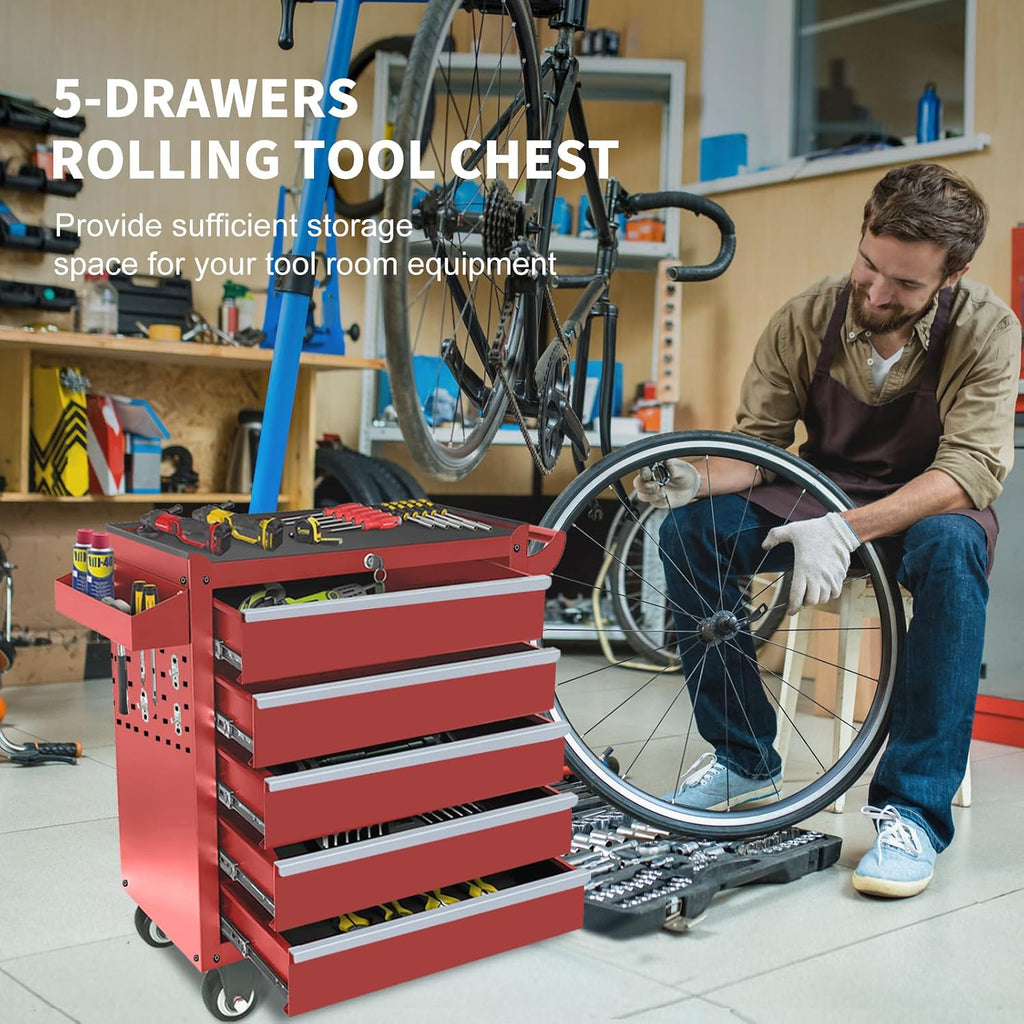 Rolling Tool Chest with Wheels, 5 Drawers Tool Storage Cabinet, Portable Metal Tool Box Organizer with Lock, Tool Cart on Wheels Toolbox Workbench for Garage, Workshop, Warehouse(Required Assembly)