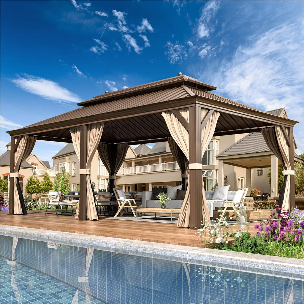 MELLCOM 12'x20' Hardtop Gazebo, Galvanized Steel Metal Double Roof Aluminum Gazebos with Curtains and Netting, Brown Permanent Pavilion with Aluminum Frame for Patio, Lawn & Garden