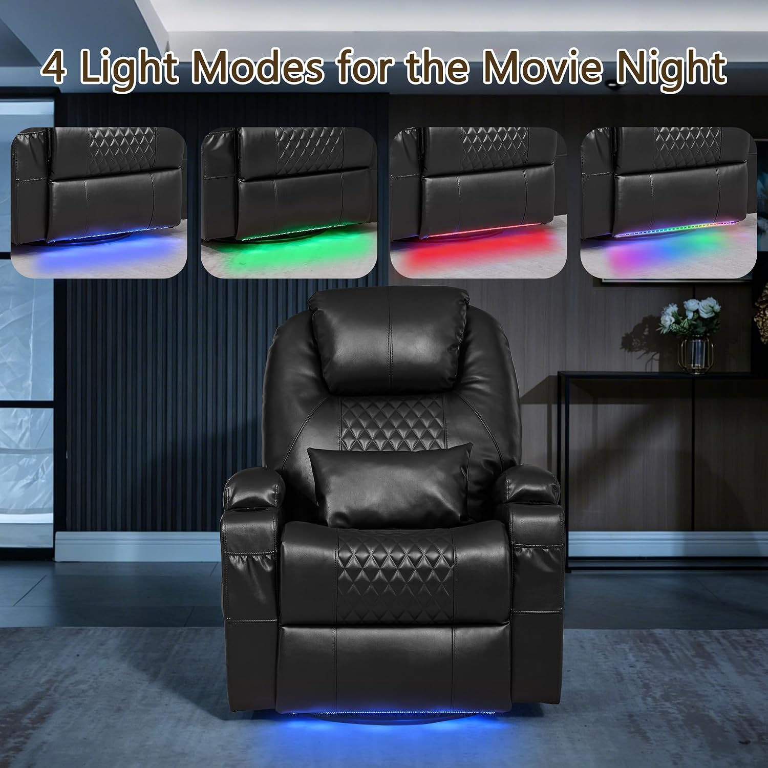 Dual Motor Power Swivel Rocker Recliner Chair with Heat and Massage,Electric Glider Rocking Chairs for Nursery,Theater Seating with LED Lights, USB A/USB C Ports for Living Room (1, Black)
