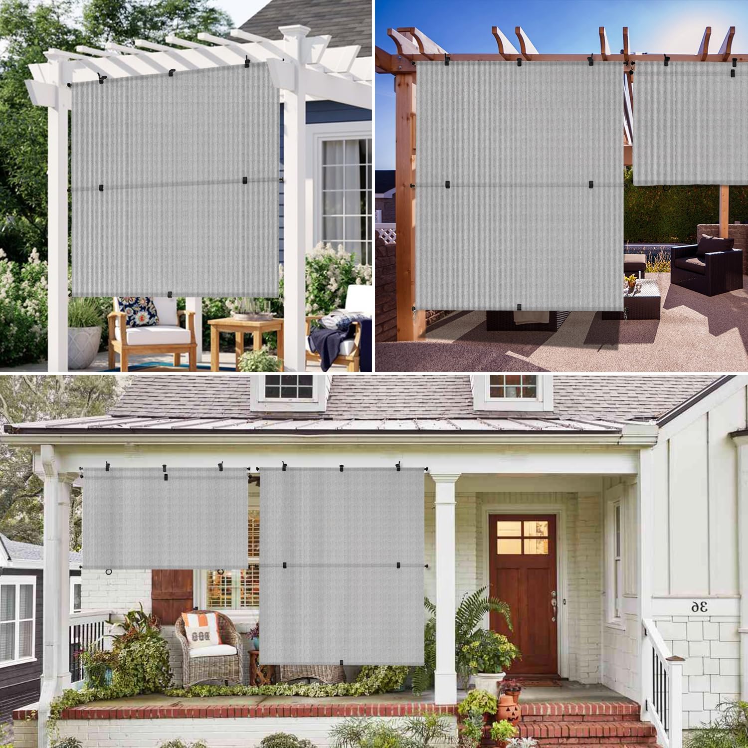 Windscreen4less 8'W x 10.5'H Outdoor Roll Up Foldable Shade Fabric UV Blockage Roller Shade for Deck Pergola Yard Gazebo Patio (Gray)