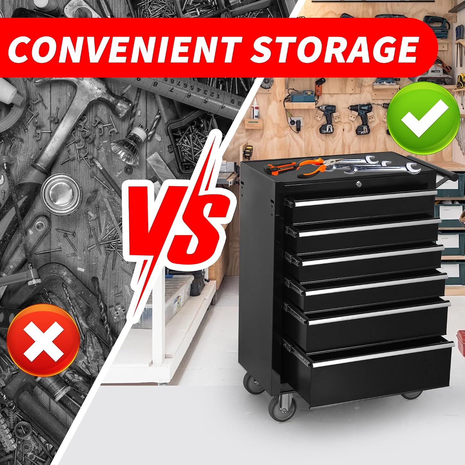 LuckyNote】6-Drawer Rolling Tool Chest Cabinet, Large Capacity Metal Tool Box with Wheels and Locking, Roll Around Storage Organizer Tool Cart for Garage, Warehouse, Work Shop - Black,24.2x13x34.6