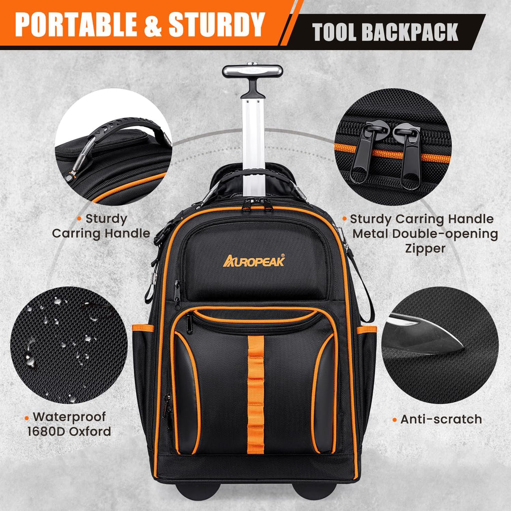 2-In-1 Rolling Tool Backpack Heavy Duty, Rolling Tool Bag with Wheels, 63-Pocket Tool Bags for Men, Waterproof Rolling Tool Backpack for Hvac Electrician Construction Mechanic