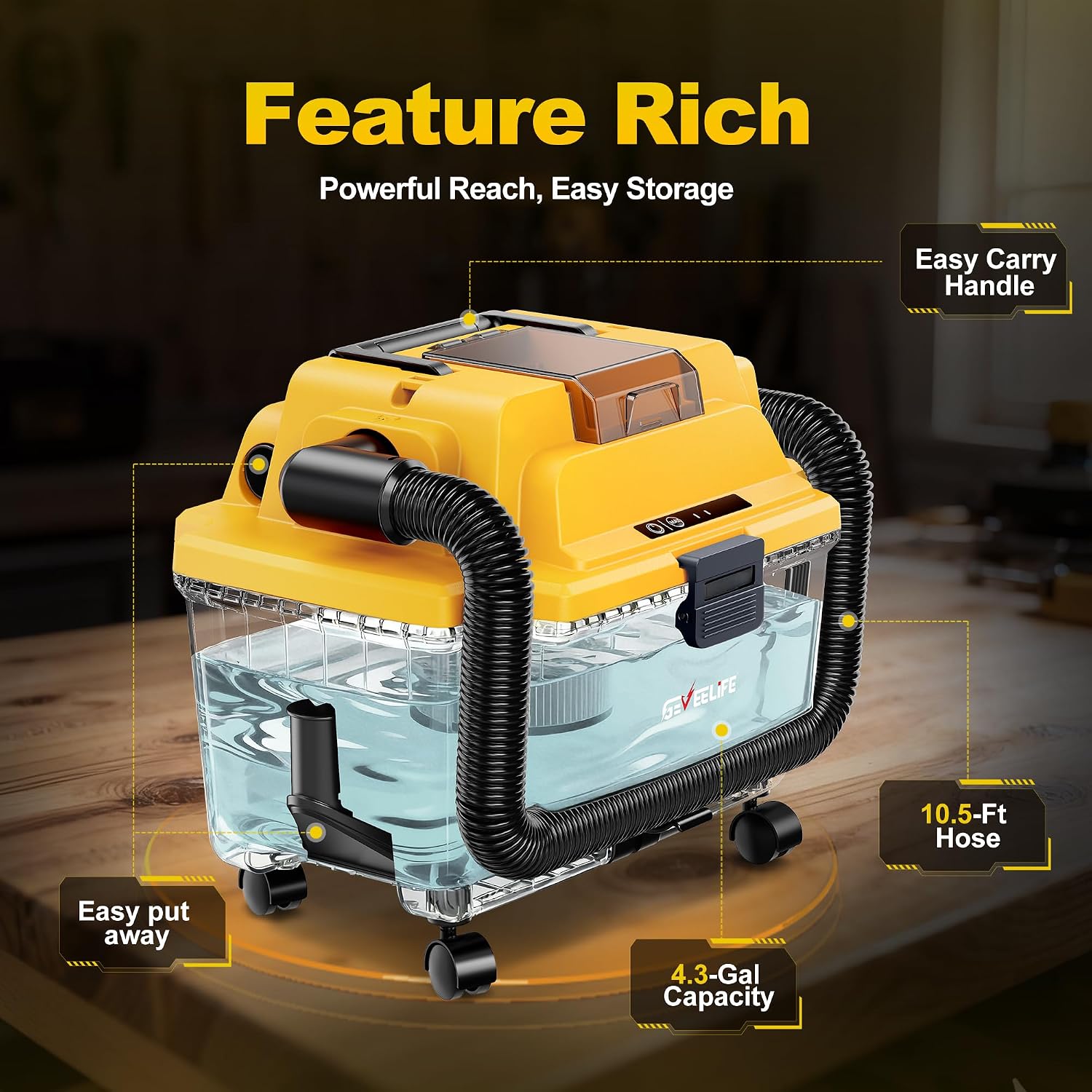 GEVEELIFE Cordless Shop Vac Wet and Dry, 4.3 Gallon Shop Vac with 5.0Ah Battery Powered, Fast Charger, HEPA Filter, Strap & Wheels, 3-in-1 Wet Dry Vacuum Cleaner for Garage, Car, Workshop