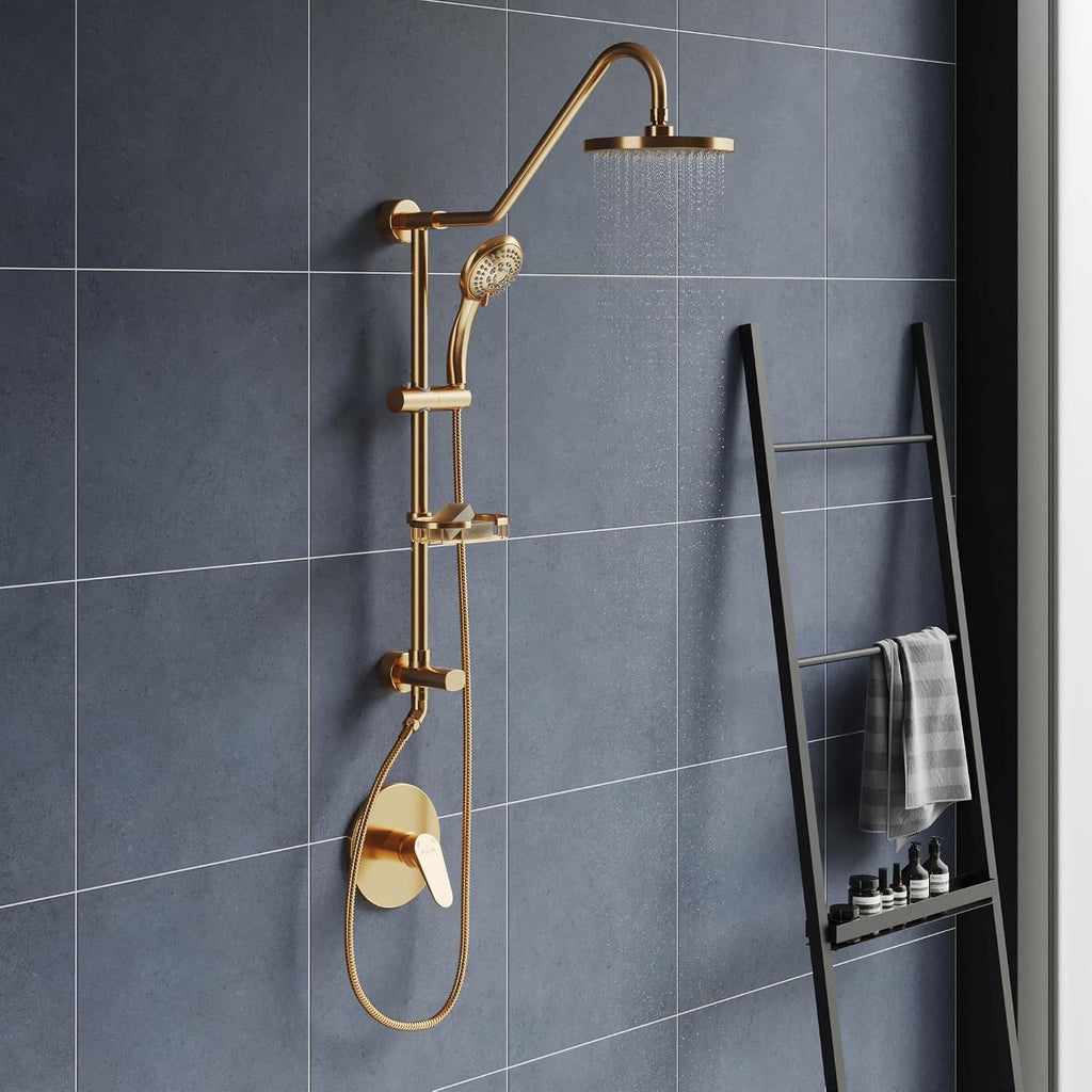 PULSE ShowerSpas Kauai III Brushed Gold Rain Shower Head with Handheld Spray - 1.8 GPM, 8' Showerhead, 5-Function HandShower, Adjustable Slide Bar - Shower Heads with Handheld Spray Combo