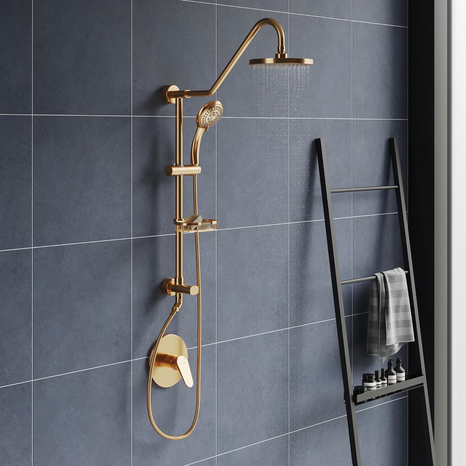 PULSE ShowerSpas Kauai III Brushed Gold Rain Shower Head with Handheld Spray - 1.8 GPM, 8' Showerhead, 5-Function HandShower, Adjustable Slide Bar - Shower Heads with Handheld Spray Combo