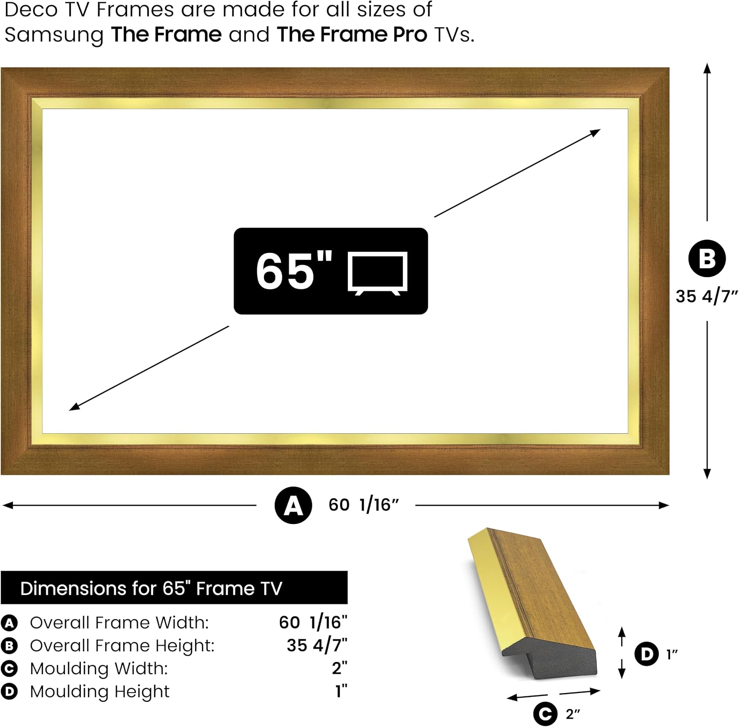 Modern Gold Leaf 65' Slim Deco TV Frame - Compatible ONLY with Samsung The Frame TV and Pro TVs (Fits 2021-2026, LS03A, LS03B,LS03C,LS03D,LS03FA,LS03FW)