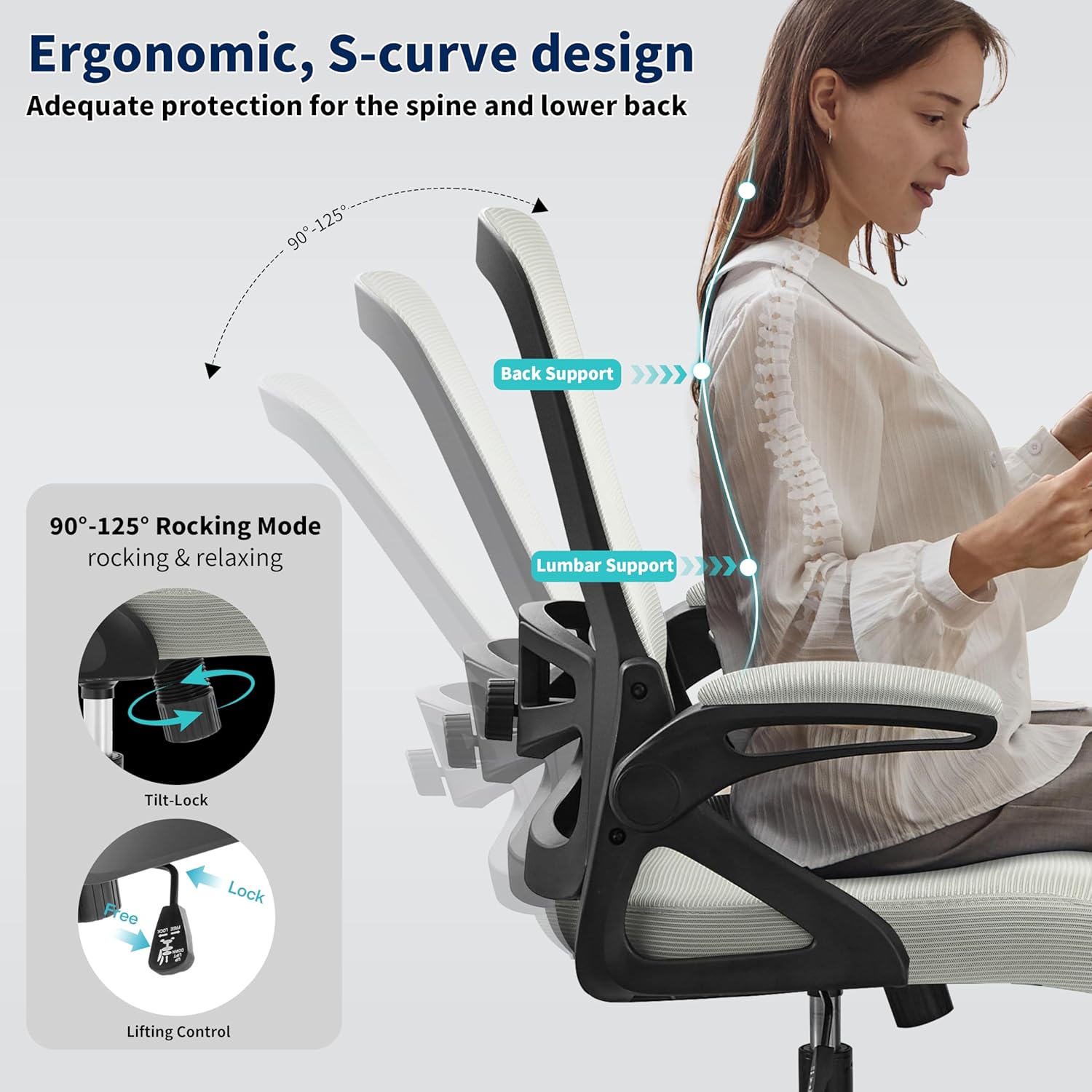 Ergonomic Office Chair, Desk Chair with Adjustable Lumbar Support, Breathable Mesh Comfy Computer Chairs with Flip-up Armrests Executive Task Chair for Adults Home Office (Dark Gray)