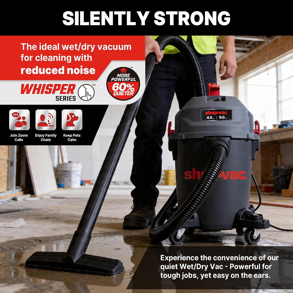 Shop-Vac 6 Gallon Ultra Quiet Shop Vacuum Wet and Dry, 4.5HP Powerful Suction Wet/Dry Vacuum with Attachments, 1-7/8 in. x 7 Ft Hose, 15 Ft Cord, Ideal for Jobsite, Garage, Workshop & Home, 5430541