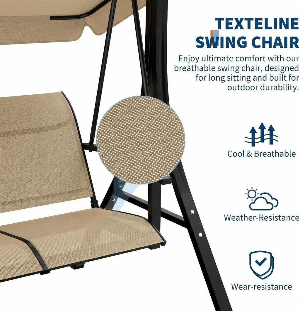 GarveeLife 3-Seat Patio Swing Chair, Outdoor Porch Hanging Chairs with Adjustable Canopy and Armrests, Breathable Textilene Fabric Seat & Backrest, Swing Bench for Garden, Poolside, Backyard, Beige