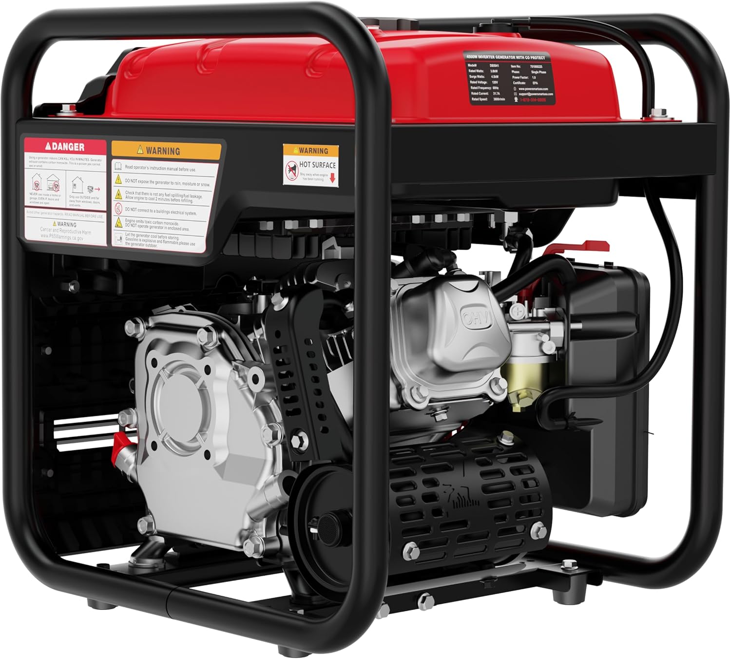 PowerSmart 4500W Portable Inverter Generator, 3800W Rated Super Quiet Gas Powered Engine with CO Alarm, Parallel Ready, 223cc, Clean Power for Sensitive Electronics, RV Ready & Emergency Home Backup