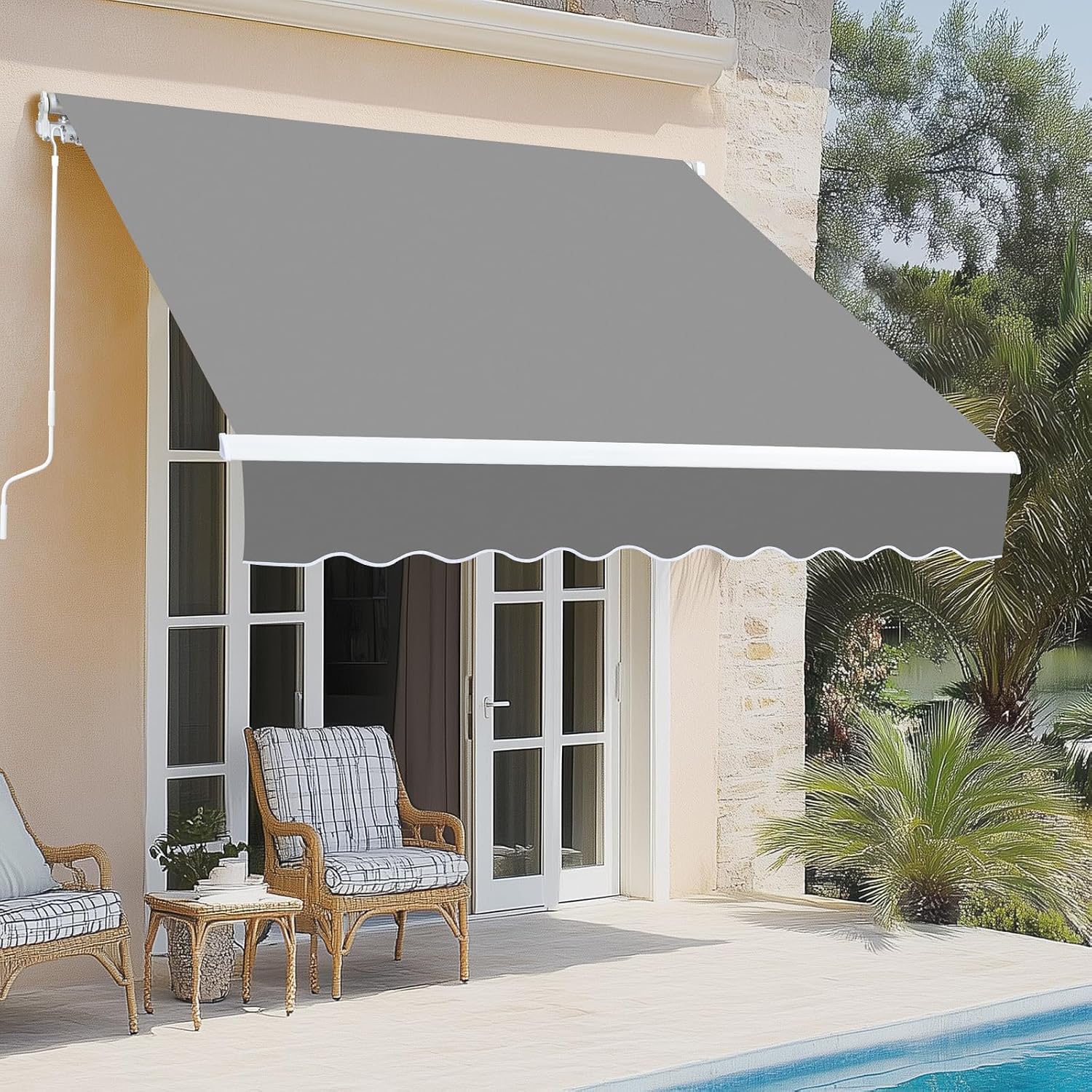 VINGLI 8' x 7' Retractable Awning for Patio Awning Door Awning with Manual Crank Handle, Aluminum Frame Door Canopy UV Resistant (Gray)