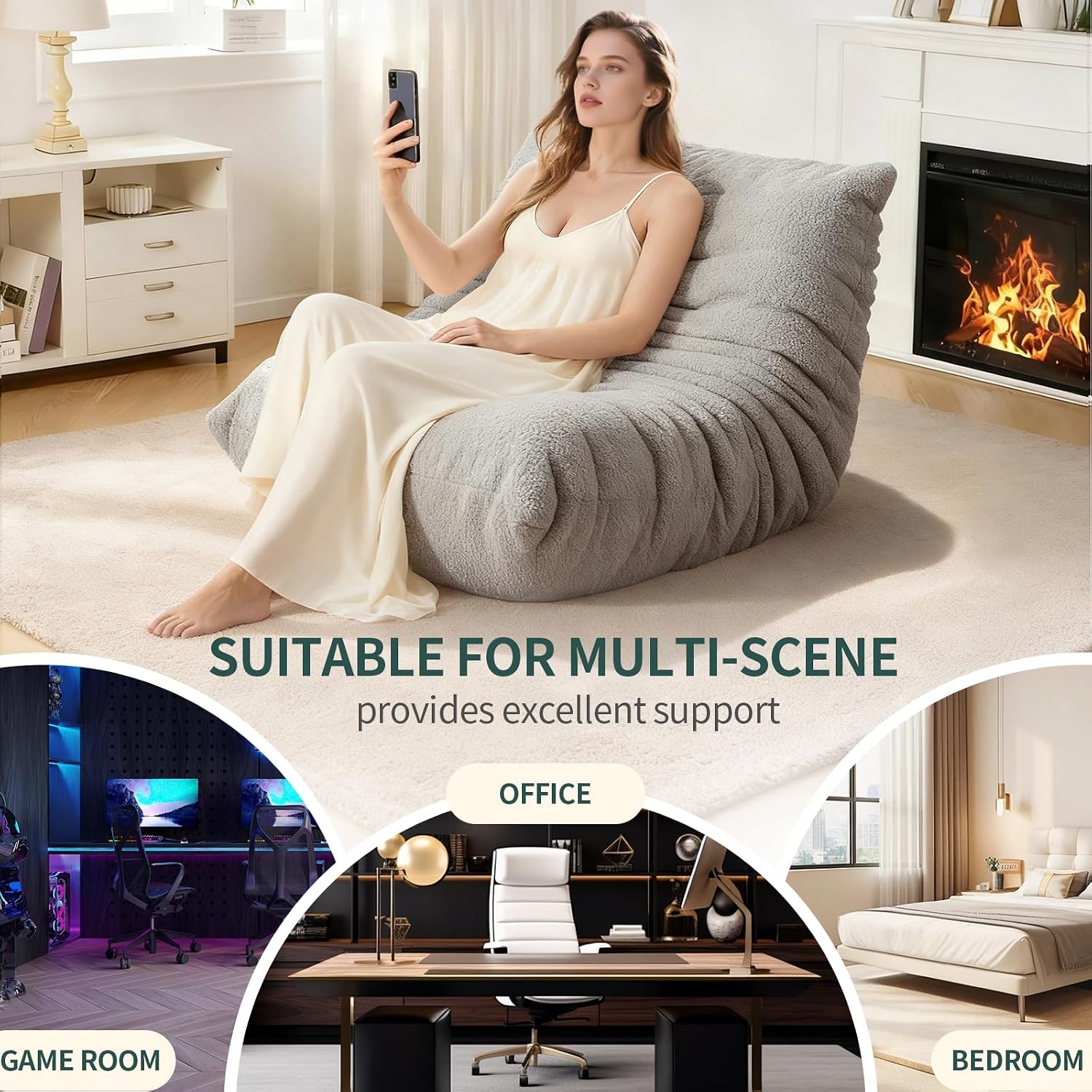 Bean Bag Chairs for Adults, Lazy Sofa Chair with Memory Foam Teddy Velvet Fabric, Large Beanbag Sofa Chair for Bedroom Living Room Dorm Office (Grey)