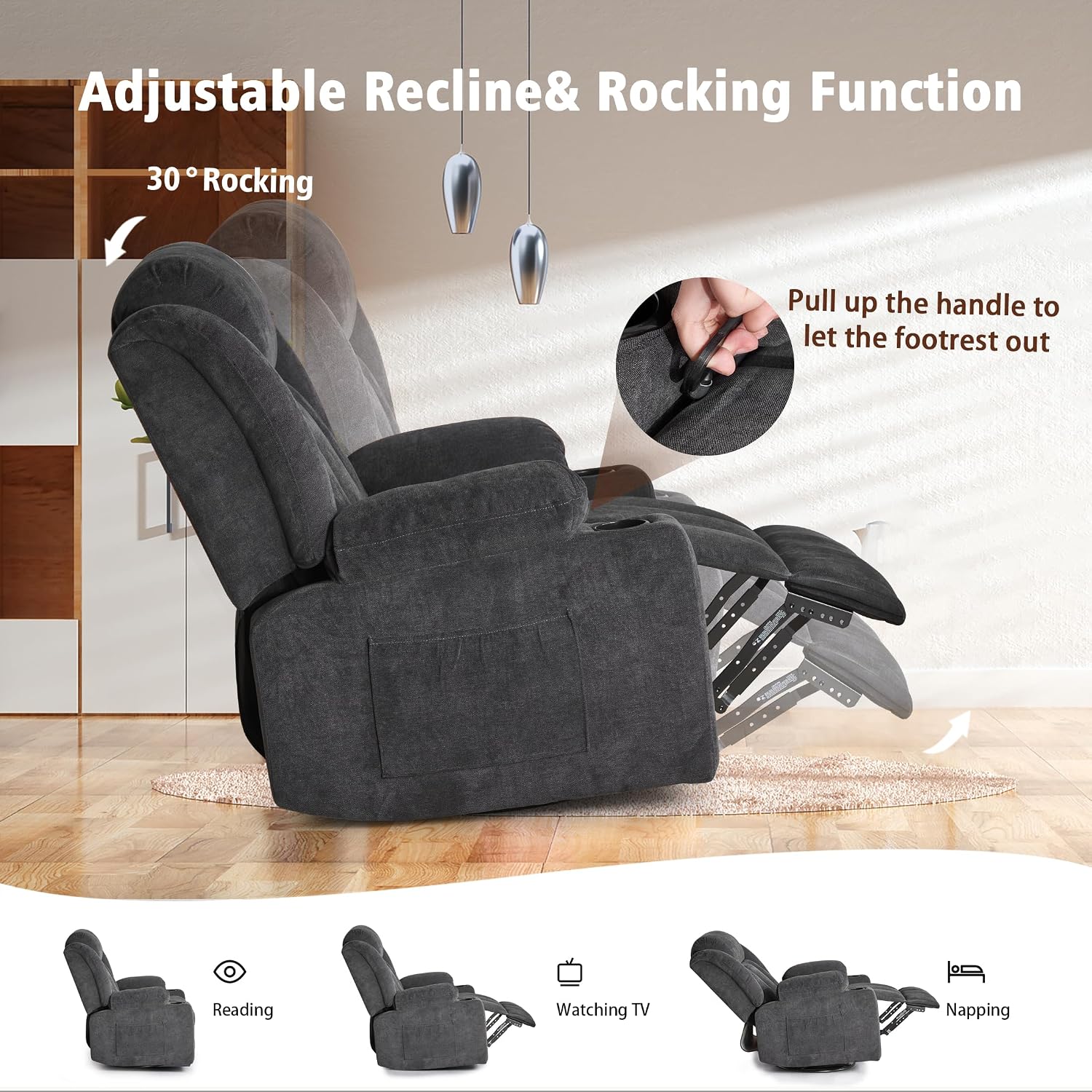Ketaiyou Rocker Swivel Recliner Chair for Adults, Overstuffed Large Manual Recliner Glider with Massage and Heat, Comfy Soft Fabric Living Room Reclining Sofa Chair (Black1)