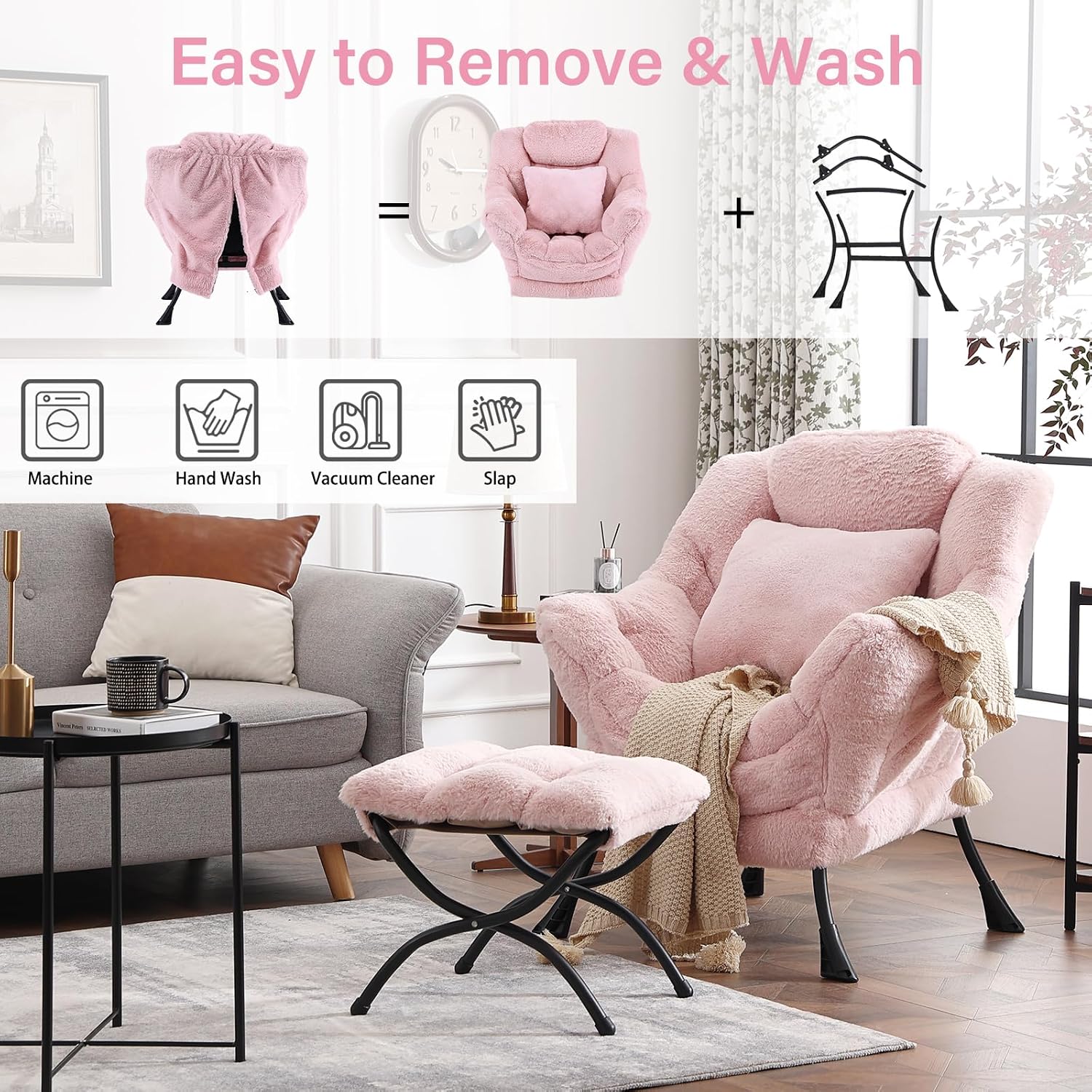 Lazy Chair with Ottoman, Large Pink Accent Chair with Ottoman and FA Throw Pillow, Comfy Plush Reading Chair for Living Room Bedroom Dorm Room Office Apartment Relaxing Use