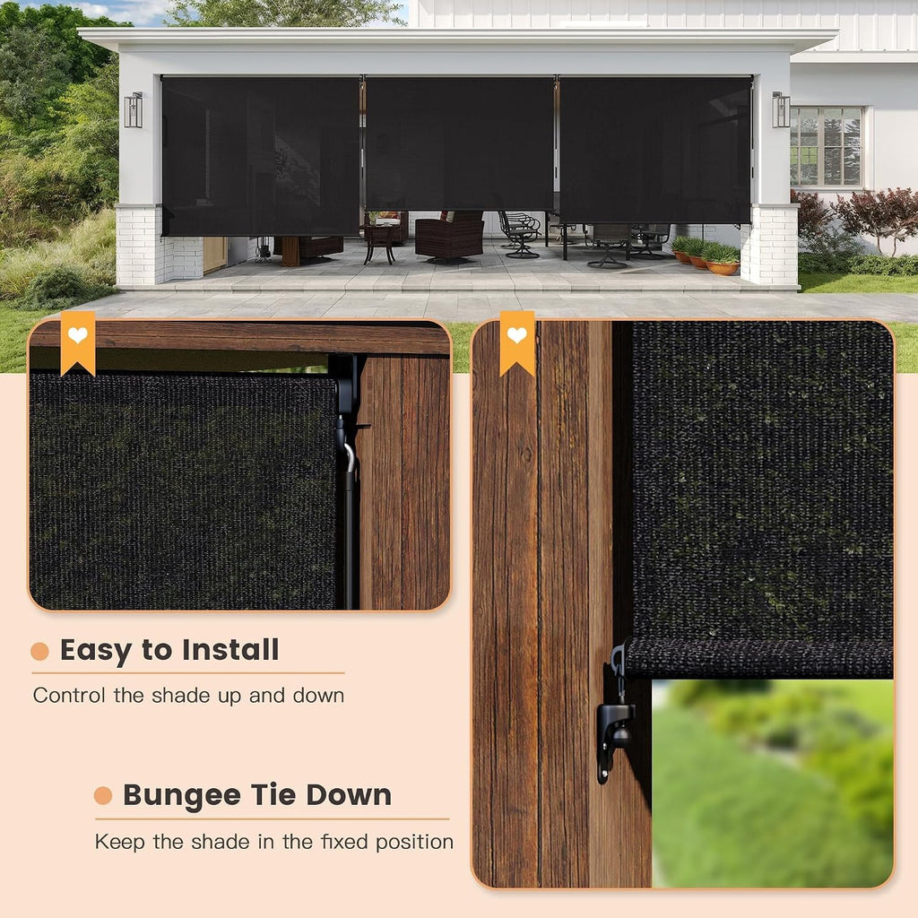 VICLLAX Outdoor Roller Shade (10' W×8' L), Patio Cordless Roller Blinds, Exterior Roll Up Shade with Spliced Design for Patio Porch Gazebo, Graphite