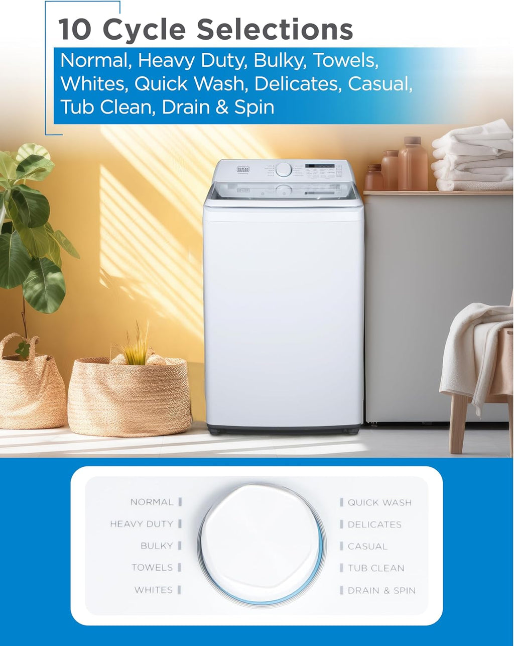 BLACK+DECKER 4.1 Cu. Ft. Top Loading Washing Machine with Agitator, Full Size Washing Machine with Glass Lid and Stainless Steel Tub, Machine with LED Display, 10 Wash Cycles, 120V, BTLW41MW, White