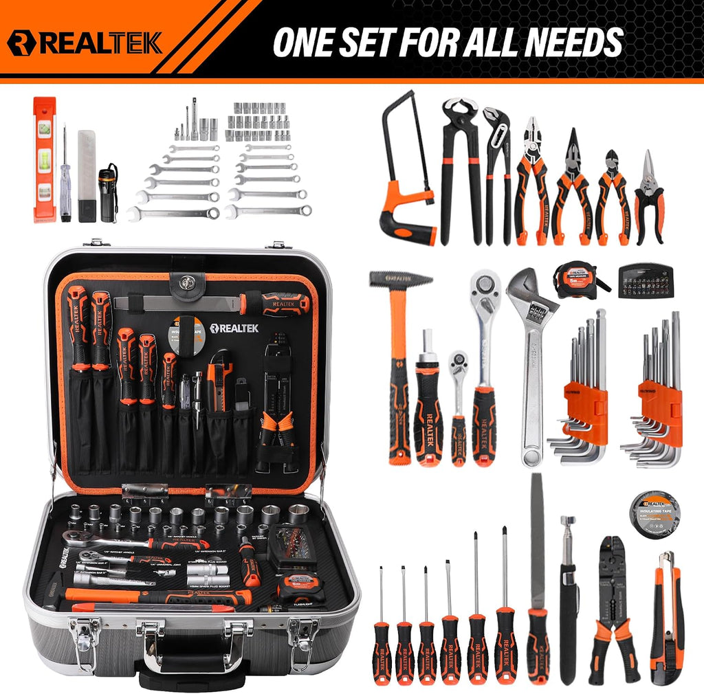 REALTEK 123 Piece Tool Set with Aluminum Case, Mechanics Tool Set with CR-V Constructed, Professional Tool Kit for Home and Car Repair