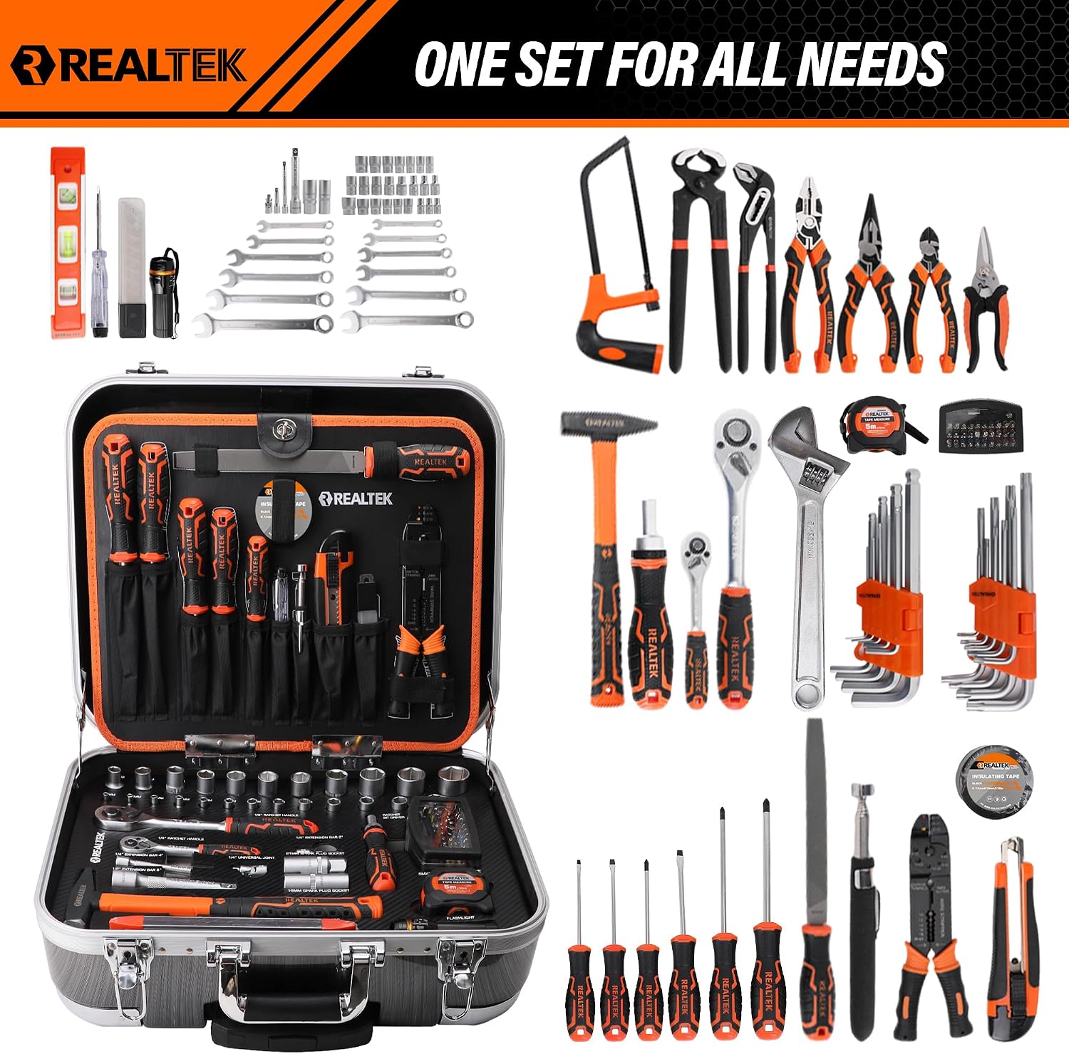 REALTEK 123 Piece Tool Set with Aluminum Case, Mechanics Tool Set with CR-V Constructed, Professional Tool Kit for Home and Car Repair