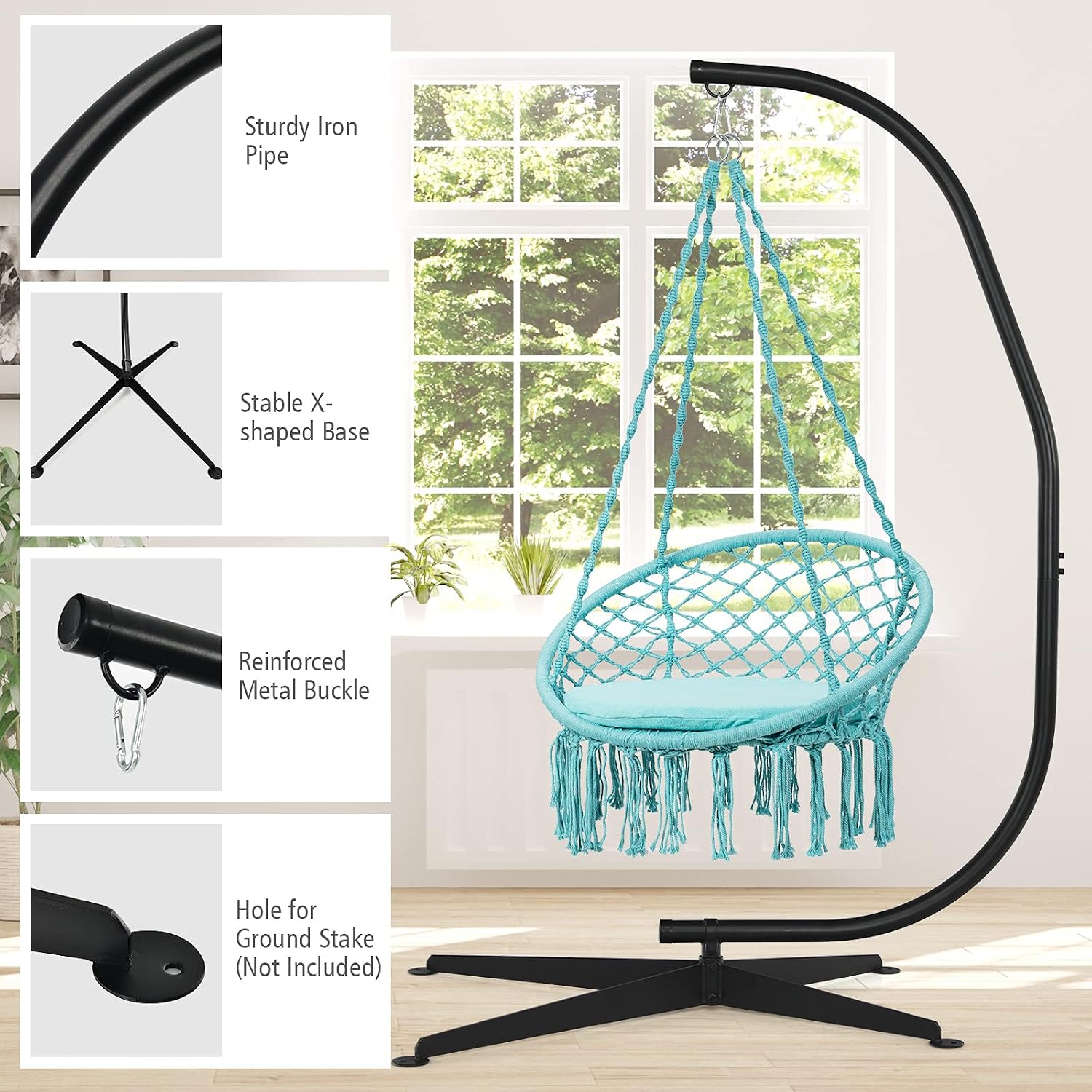 Tangkula Hammock Stand, Steel C Stand for Hanging Chair, Hammock Chair Stand Only with Buckle Hook, Offset Base, 360-Degree Rotation Egg Chair Stand for Indoor Outdoor