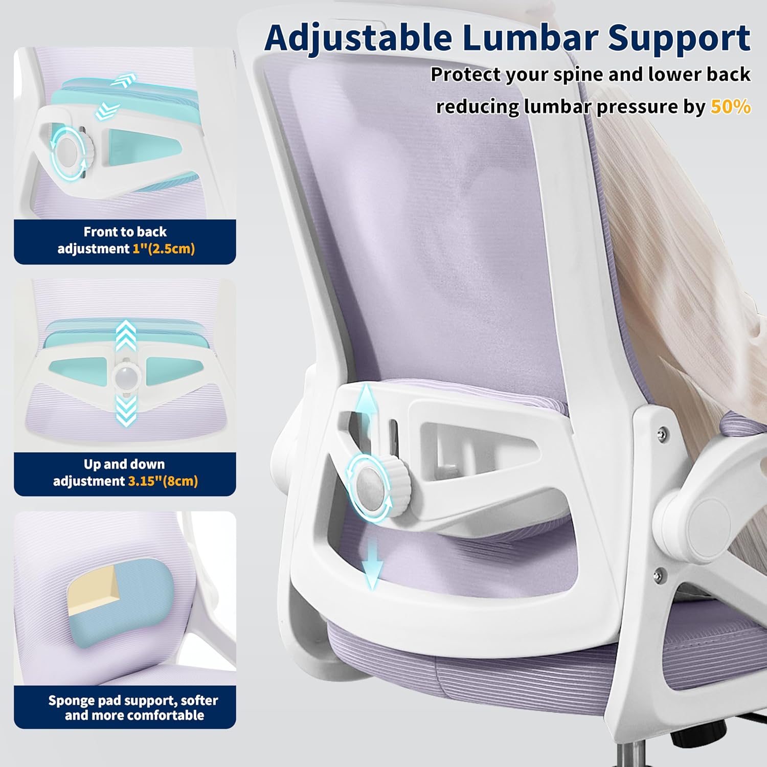 Ergonomic Office Chair, Desk Chair with Adjustable Lumbar Support, Breathable Mesh Comfy Computer Chairs with Flip-up Armrests Executive Task Chair for Adults Home Office(Lavender)