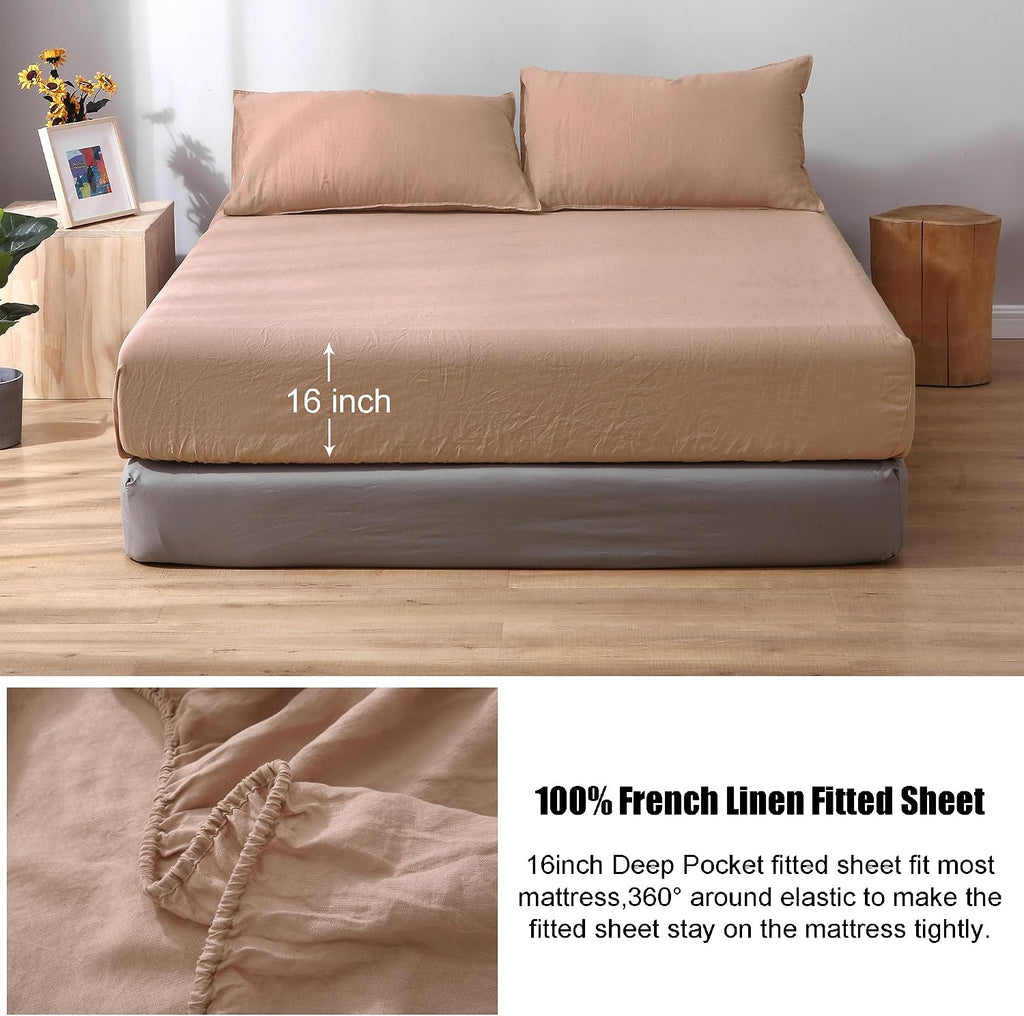 S VICTORY SYMBOL 100% Linen Sheets Set King Size,Washed French Flax Bed Sheets Set 4Pcs(1 Flat Sheet&1 Fitted Sheet&2 Pillowcases Natural Linen Farmhouse Bedding-Dusty Pink