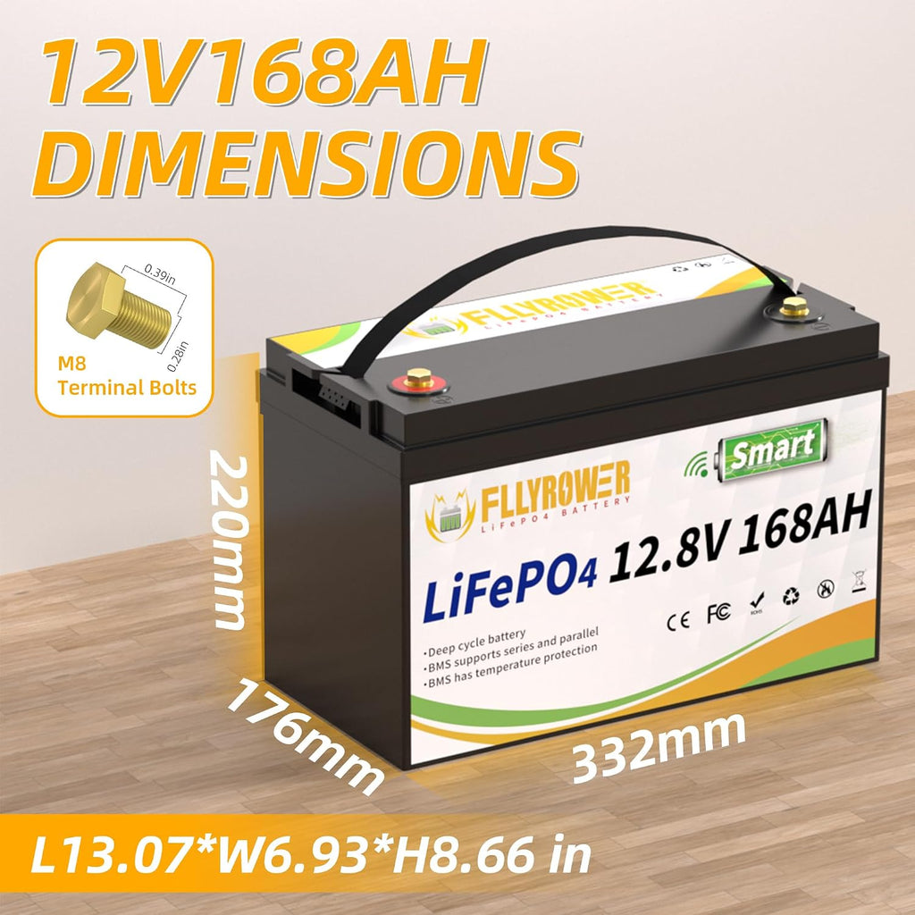 FLLYROWER Lithium Battery 12V 168AH With Smart BMS and 17000 Deep Cycles Lifepo4 Battery Grade A Cells for Marine Trolling Motor RV camping Solar Golf Cart Off-Grid
