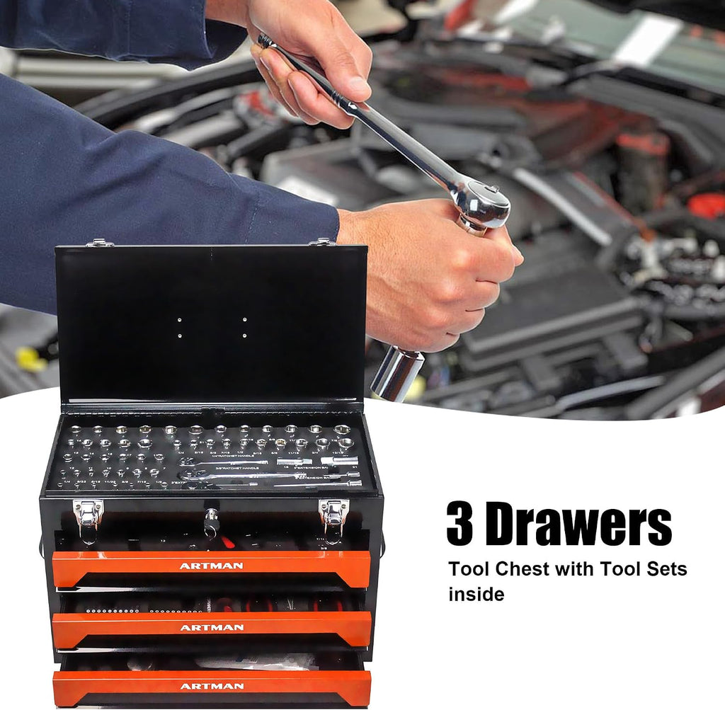 3-Drawer Tool Chest with 439-Piece Mechanics Tool Set | Heavy-Duty Steel Portable Tool Box with Complete Socket & Wrench Kit for Workshop, Garage, and Home Use (Black & Orange)