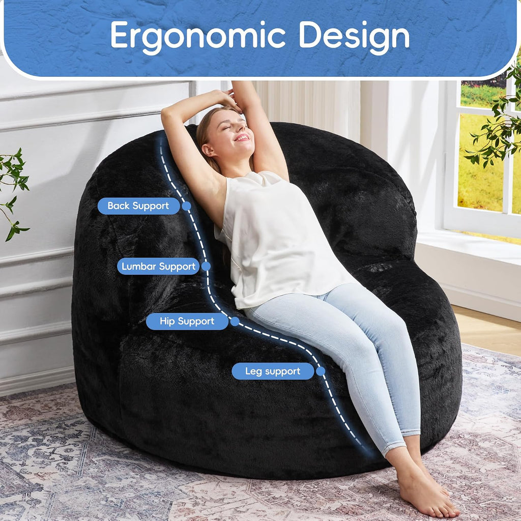 Hobestluk Bean Bag Chair Giant Bean Bag Chairs for Adults Big Bean Bag Chair with Memory Foam Filler Adults Large Beanbag with Faux Fur Cover for Bedroom(Plush Black,Oversize)