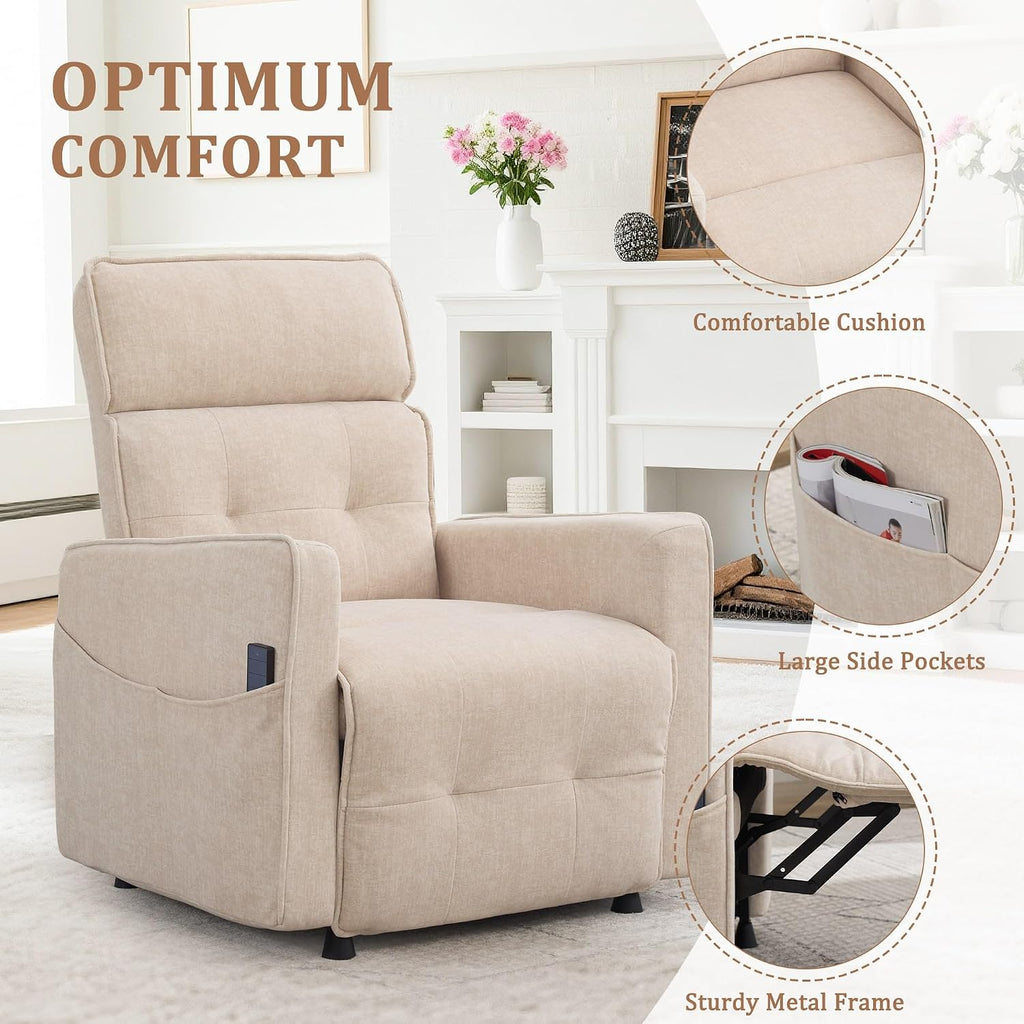 Korser Power Recliner Chair, Modern Electric Recliner Chairs for Adults, Comfy Recliners for Living Room, Cashmere Reclining Chair with Side Pockets & One-Touch Adjustment for Bedroom, Lounge, Khaki