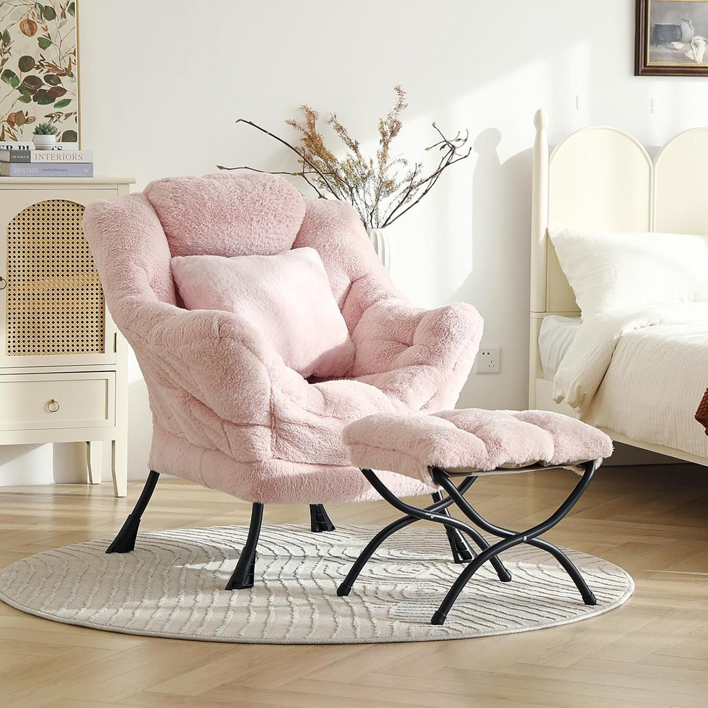 Lazy Chair with Ottoman, Large Pink Accent Chair with Ottoman and FA Throw Pillow, Comfy Plush Reading Chair for Living Room Bedroom Dorm Room Office Apartment Relaxing Use