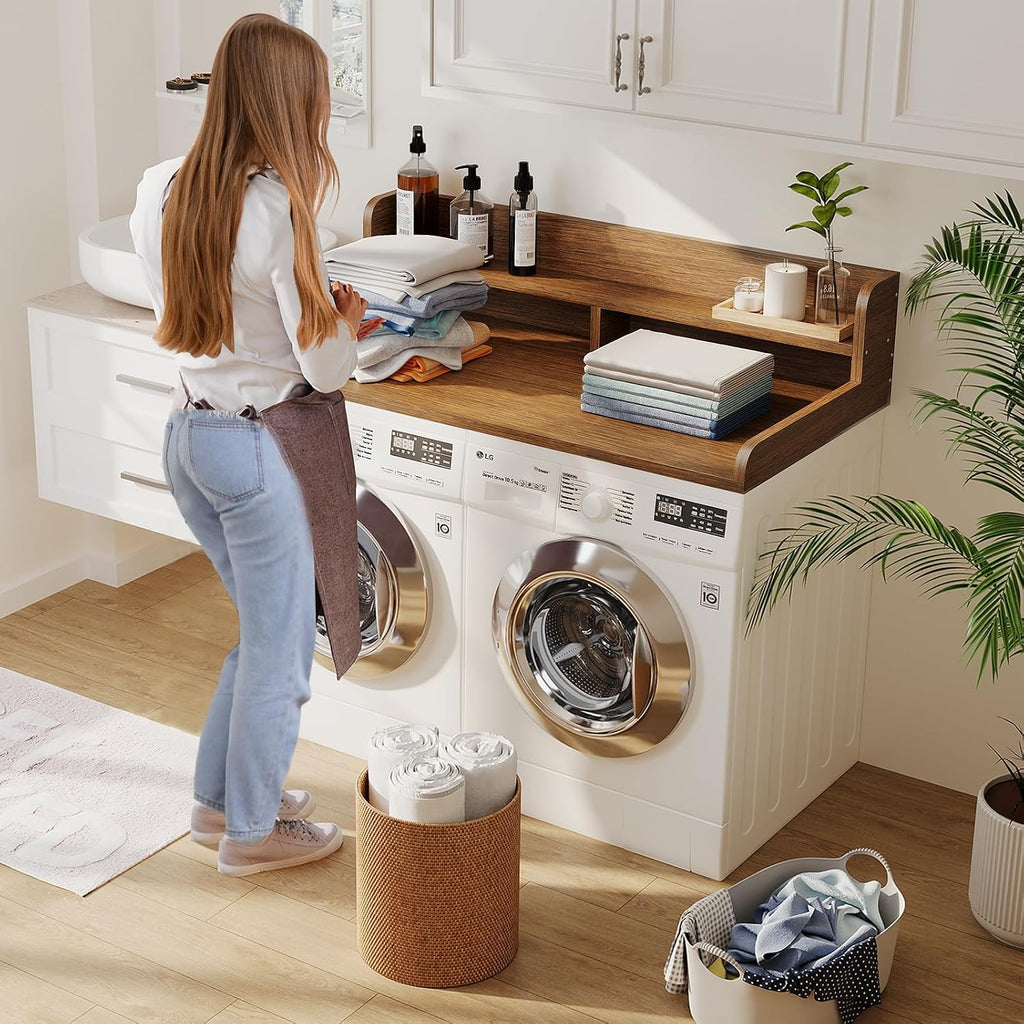 2-Tier Washer Dryer Countertop with 2.75'H Edge Rails, 54' W x 27.55' D Laundry Countertop for Folding Clothes, Washer and Dryer Topper with Non-Slip Pad (Brown)