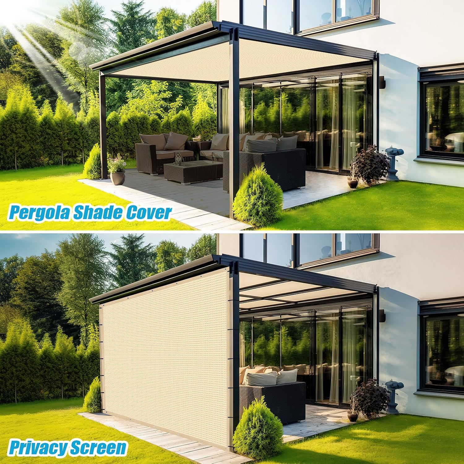 Amagenix 90% Pergola Shade Cover 12' X 20' Sun Shade Cloth with Grommets for Outdoor Garden Patio Porch, Commercial Grade 200 GSM - Cable Zip Ties Included (We Customized) GN108, Wheat