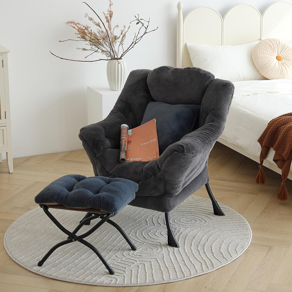 Lazy Chair with Ottoman, Large Blue Gray Accent Chair with Ottoman and FA Throw Pillow, Comfy Plush Reading Chair for Living Room Bedroom Dorm Room Office Apartment Relaxing Use