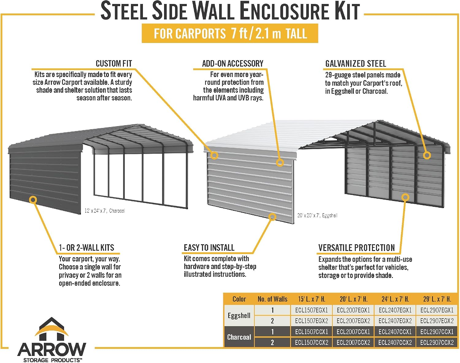 Arrow Carports Galvanized Steel Carport, with 2-Sided Enclosure, Compact Car Metal Carport Kit, 12' x 20' x 7', Eggshell