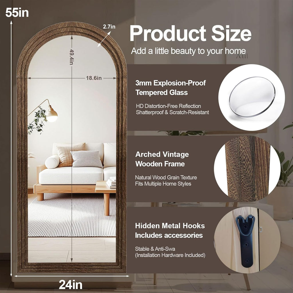 Delma Arched Full Length Floor Mirror with Stand, 55x24 Rustic Farmhouse Solid Wood Frame Wall Mirror for Bedroom, Living Room, Vertical Hanging & Standing(Brown)