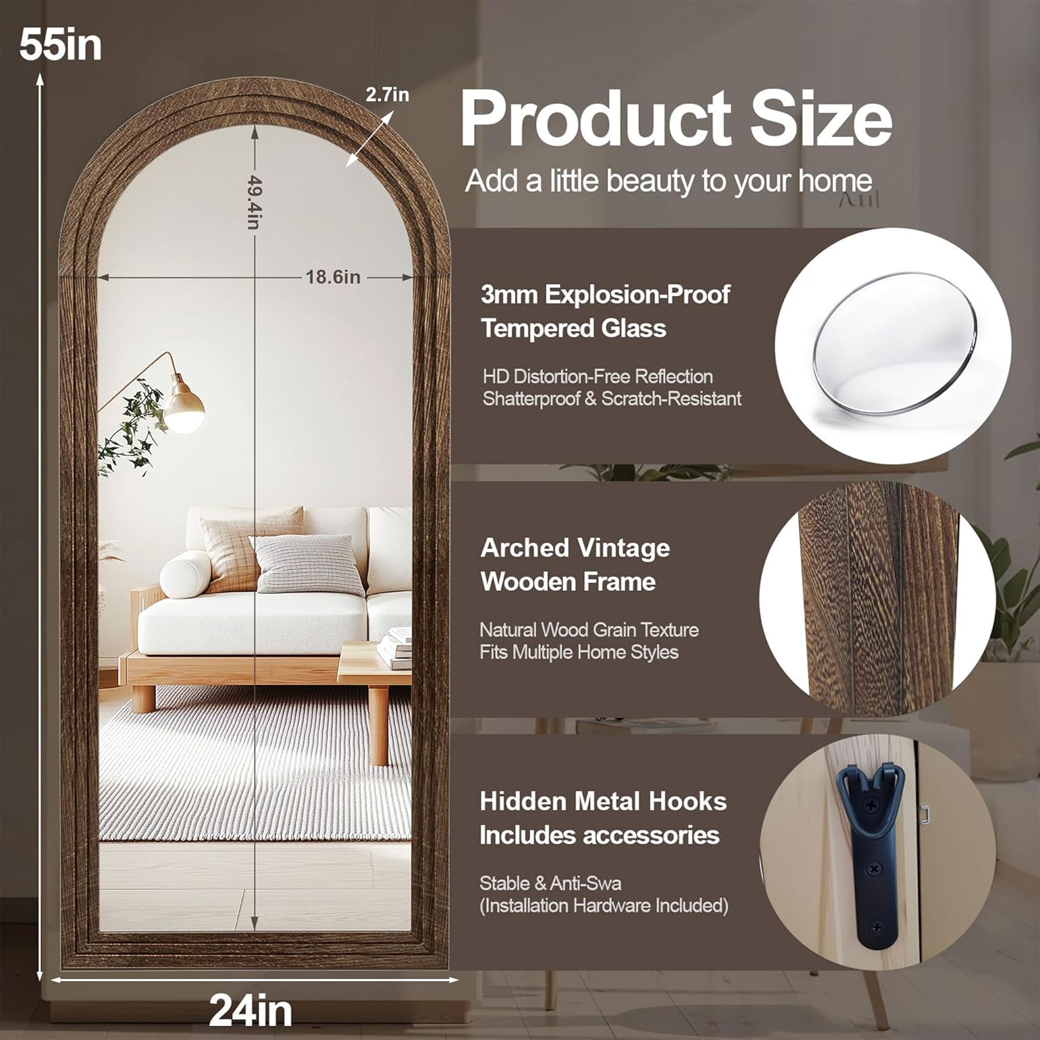 Delma Arched Full Length Floor Mirror with Stand, 55x24 Rustic Farmhouse Solid Wood Frame Wall Mirror for Bedroom, Living Room, Vertical Hanging & Standing(Brown)