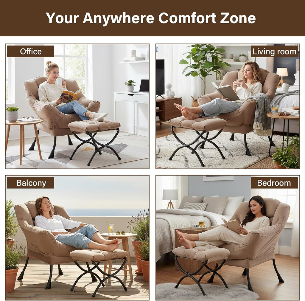 Welnow Lazy Chair with Ottoman, Modern Accent Chair with Armrests and a Side Pocket, Leisure Sofa Chair Set, Reading Chair with Footrest for Small Space, Corner Chair, Dark Brown
