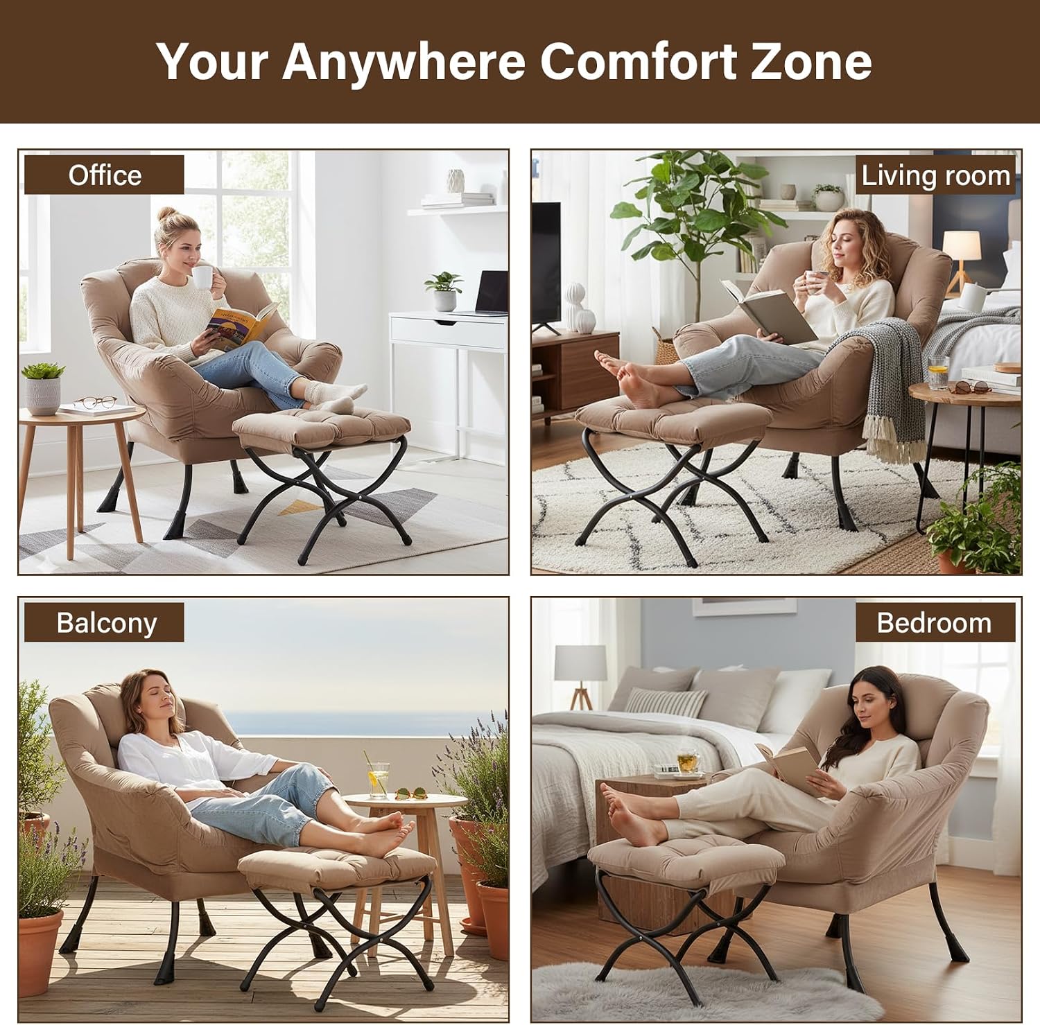 Welnow Lazy Chair with Ottoman, Modern Accent Chair with Armrests and a Side Pocket, Leisure Sofa Chair Set, Reading Chair with Footrest for Small Space, Corner Chair, Dark Brown