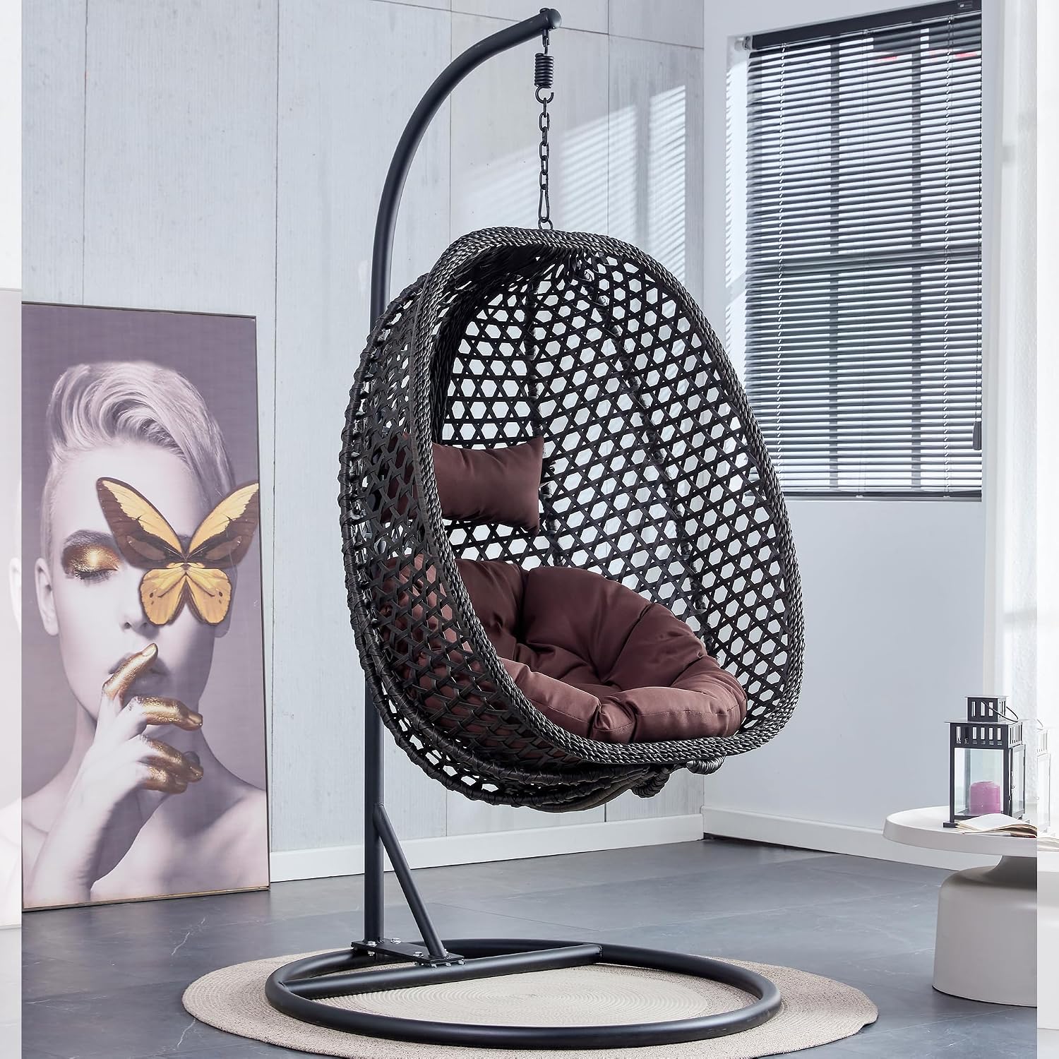 Swining Egg Chair with Stand,Wicker Rattan Hanging Egg Chairs, Patio Swing with UV Resistant Cushion, Outdoor Indoor Hanging with Foldable Basket Metal Stand for Bedroom (Black-S)