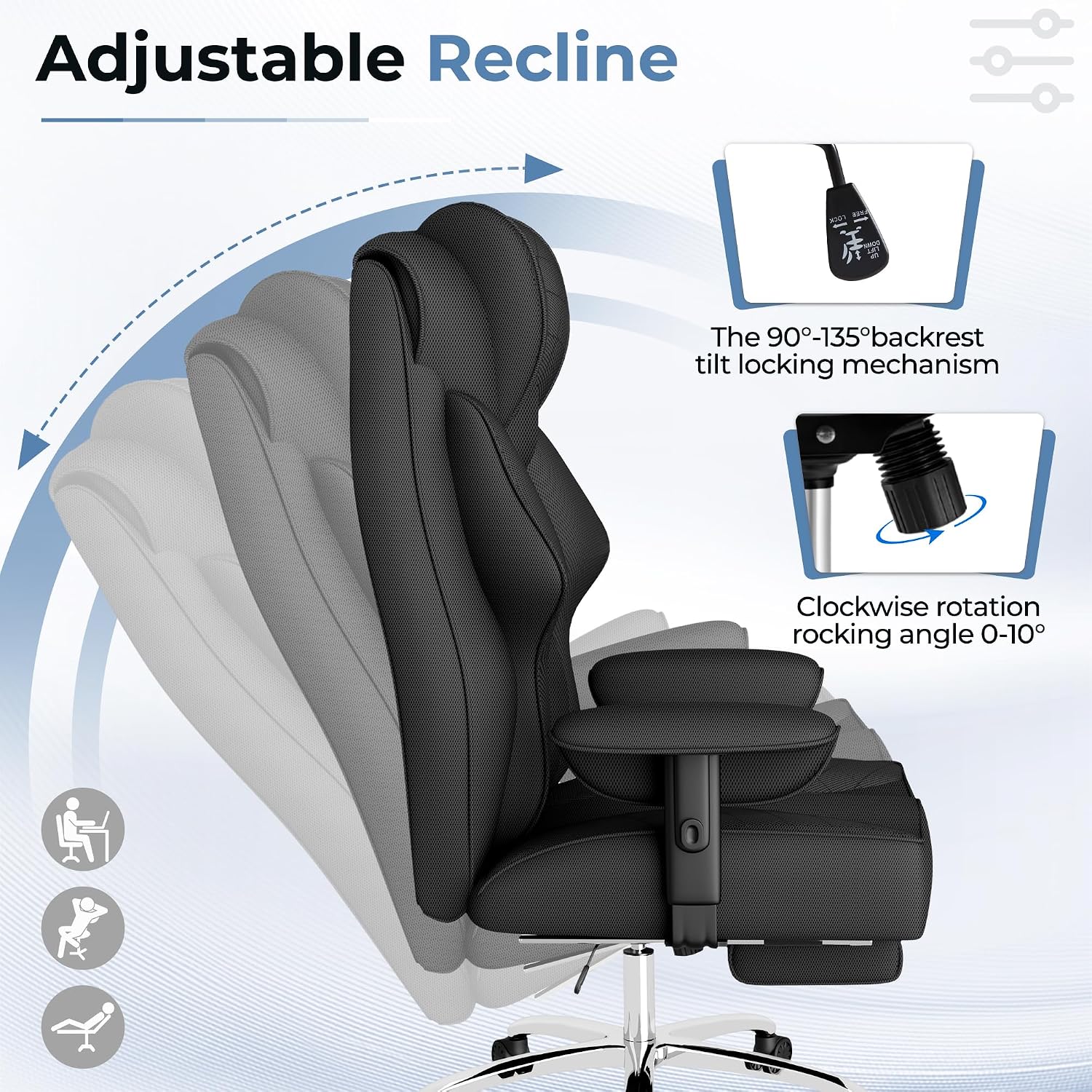 Homall Big and Tall Massage Office Chair,Reclining High Back Ergonomic Home Office Desk Chair with Adjustable Padded Armrest and Foot Rest (Mesh, Black)