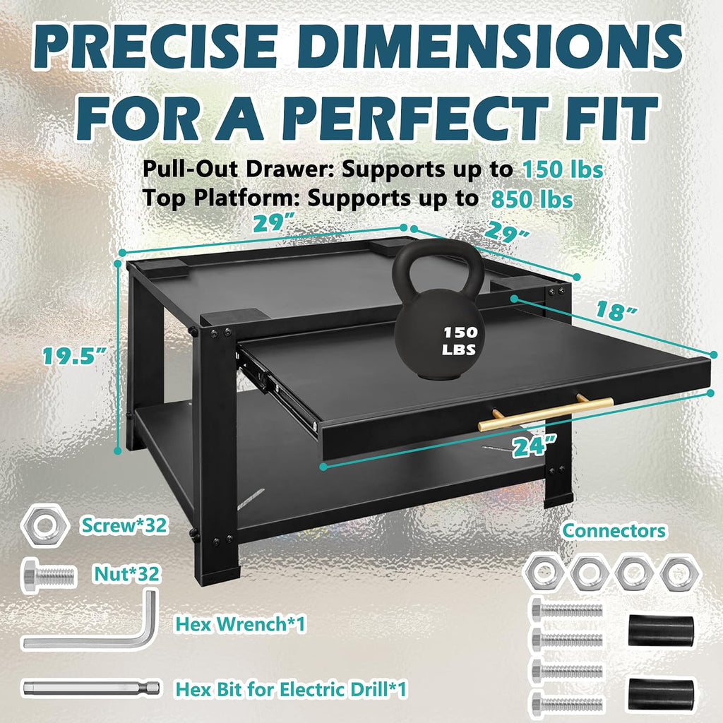 Royxen Washer and Dryer Pedestals with Drawer,29' W x 29' D x 19.5' H Metal Heavy Duty Laundry Pedestal, Universal Washing Machine Stand for Basket Shelf, 850lbs Capacity,Black
