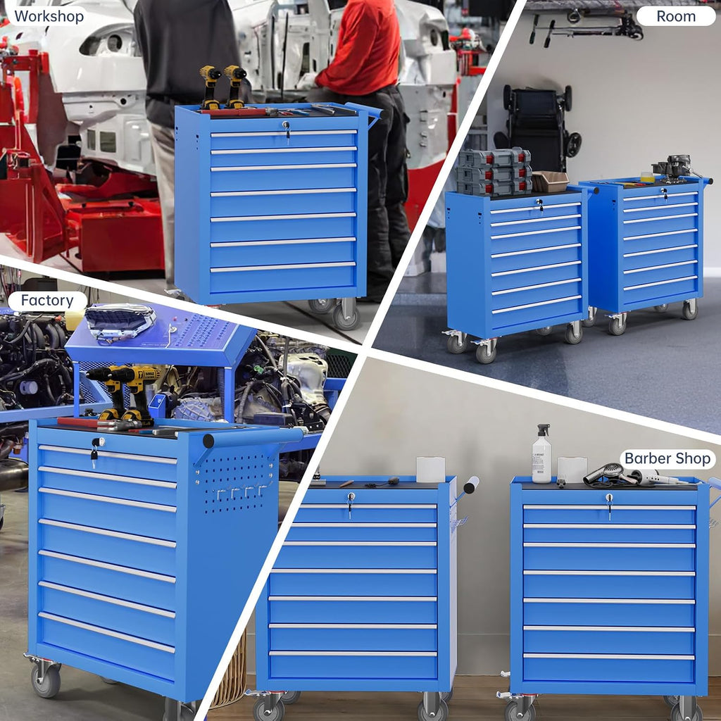 7-Drawer Tool Chest,Rolling Tool Cart with Wheels,High Capacity Tool Cabinet with Locking System for Garage, Warehouse, Workshop-Blue