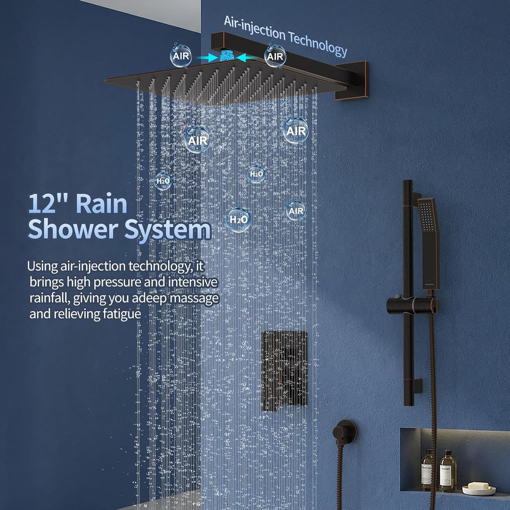 SR SUN RISE 12 Inch Oil Rubbed Bronze Shower Faucet Set, Wall-Mount Adjustable 16-Inch Slide Bar with Square Hand Shower System Included Valve and Trim Kit