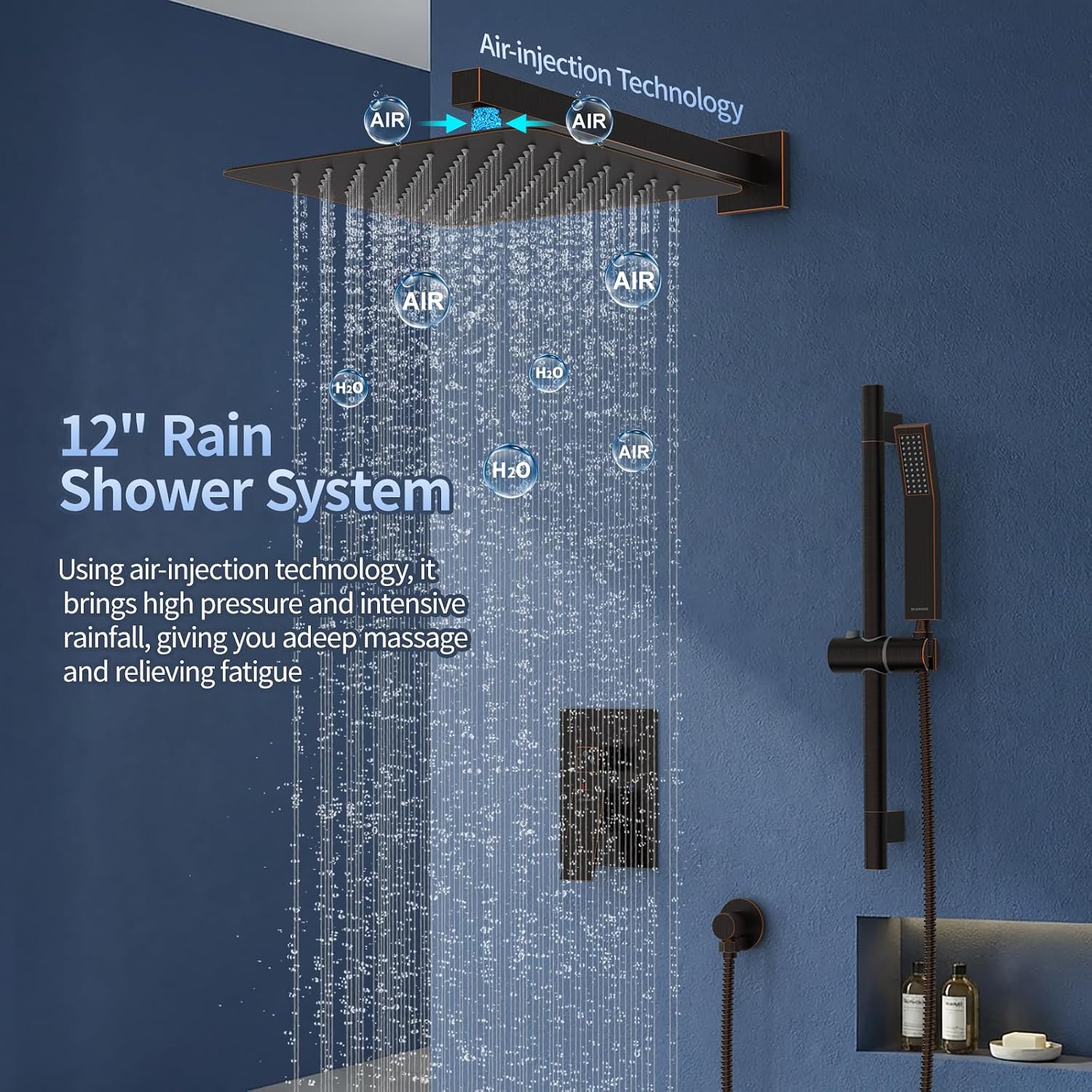 SR SUN RISE 12 Inch Oil Rubbed Bronze Shower Faucet Set, Wall-Mount Adjustable 16-Inch Slide Bar with Square Hand Shower System Included Valve and Trim Kit